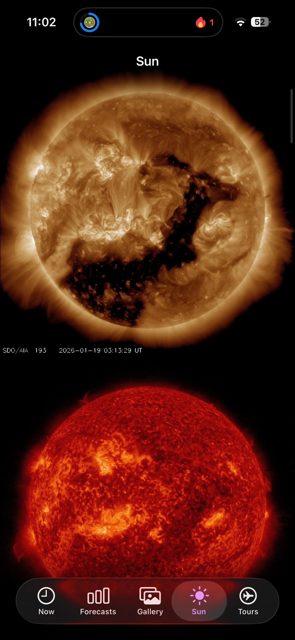 Northern Lights Netherlands January 2026 caused by intense solar activity, Aurora Pro app showing the Sun during a strong geomagnetic storm on January 19, 2026