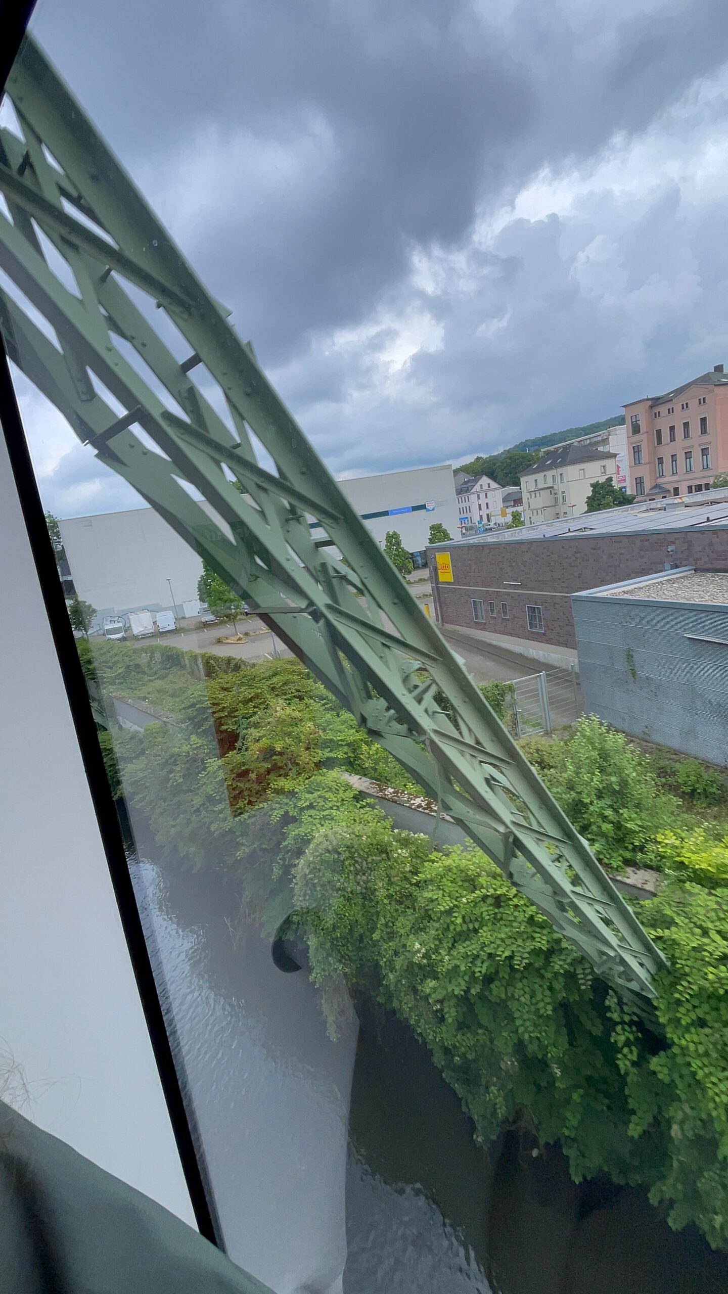 Schwebebahn Wuppertal view from inside the suspended train above the Wupper River
