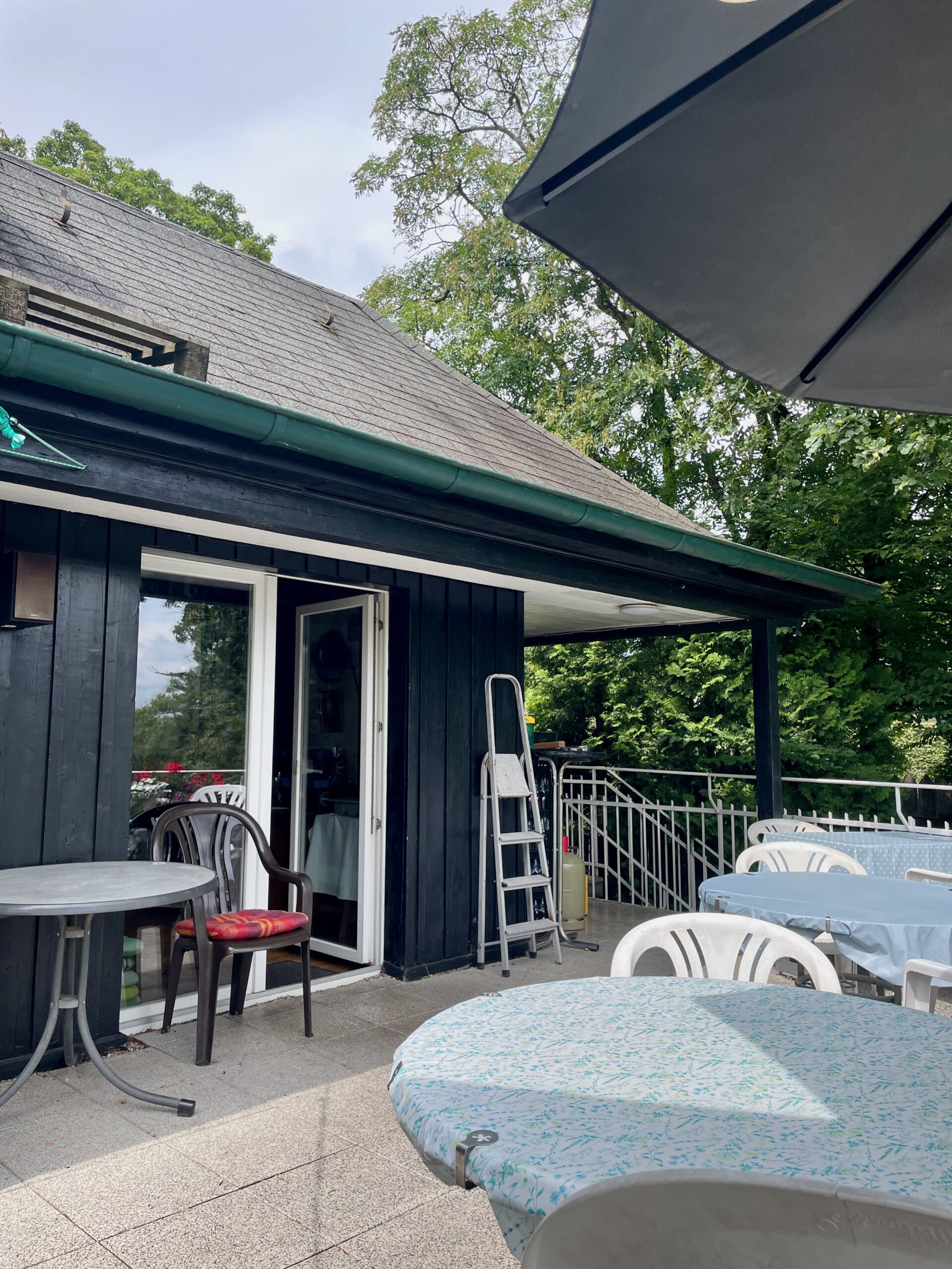 Kaffee Restaurant Hardt Stübchen Wuppertal exterior with traditional wooden building and quiet terrace in the Hardt park