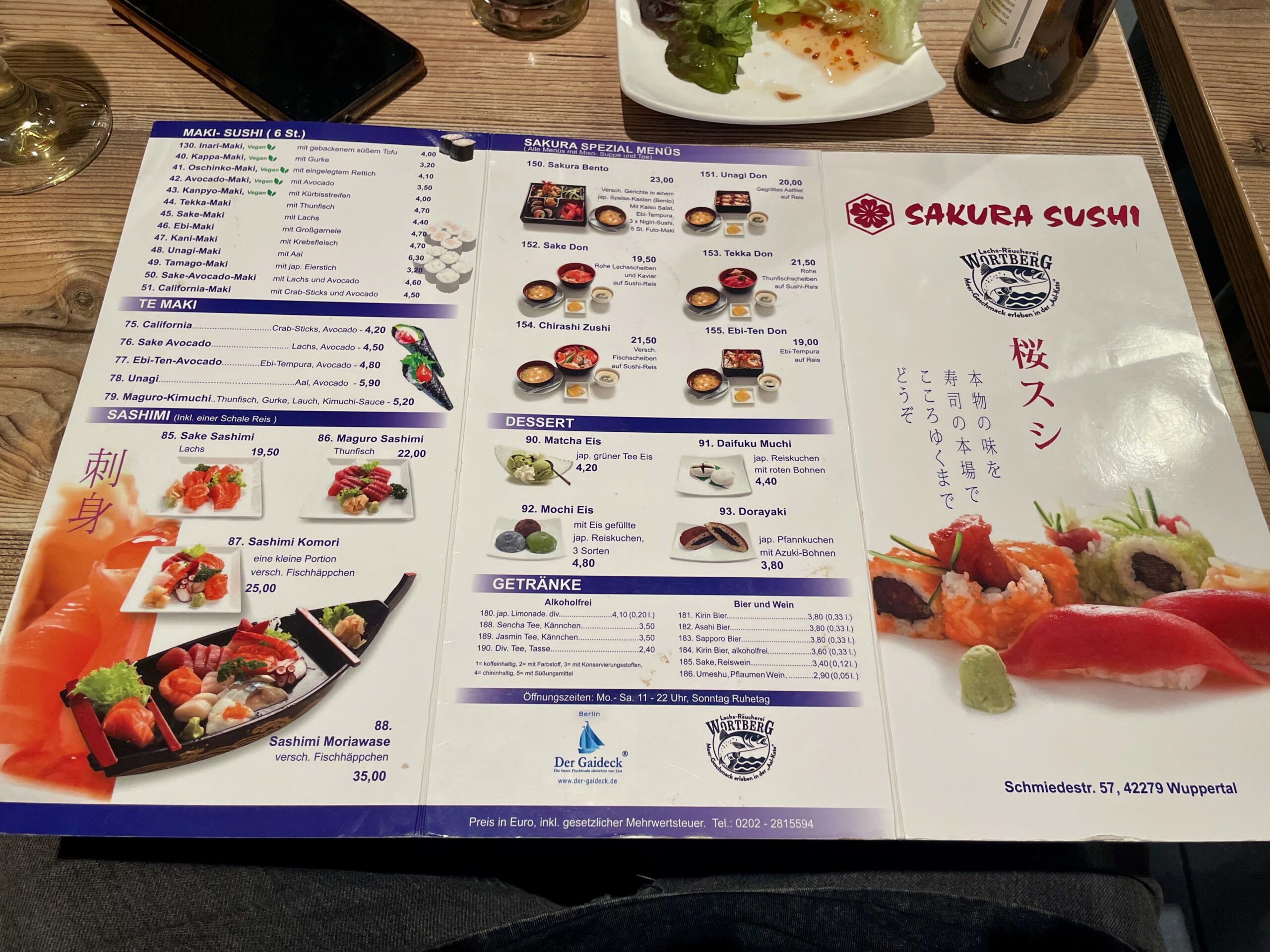 Lachs Räucherei Wortberg Sakura Sushi Wuppertal Sakura Sushi menu featuring maki sushi sashimi bento boxes and Japanese desserts