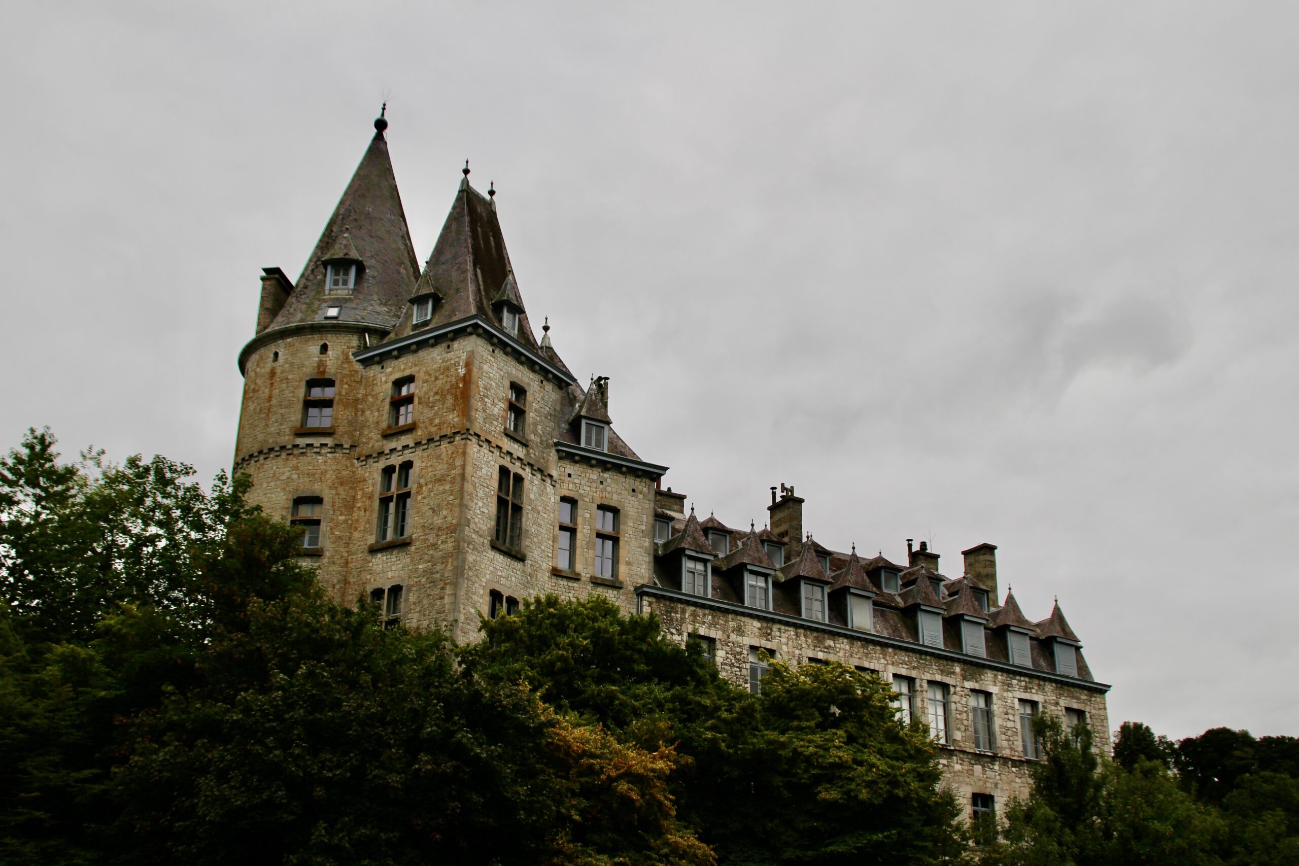 Durbuy travel experience looking up at the Castle of Durbuy with its medieval towers rising above the surrounding greenery