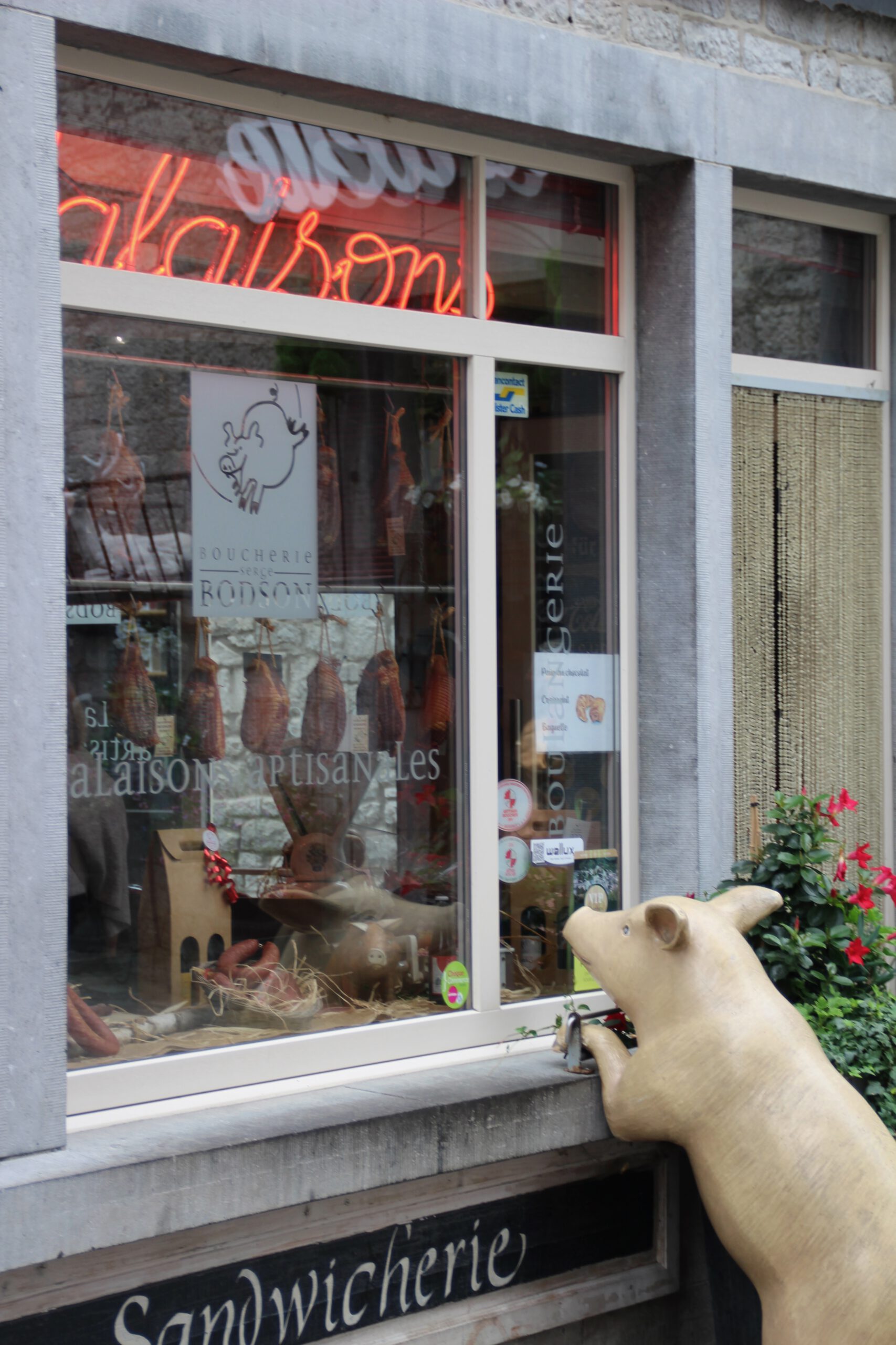 Durbuy travel experience spotting a traditional butcher shop window with cured meats and a playful pig statue in the old town