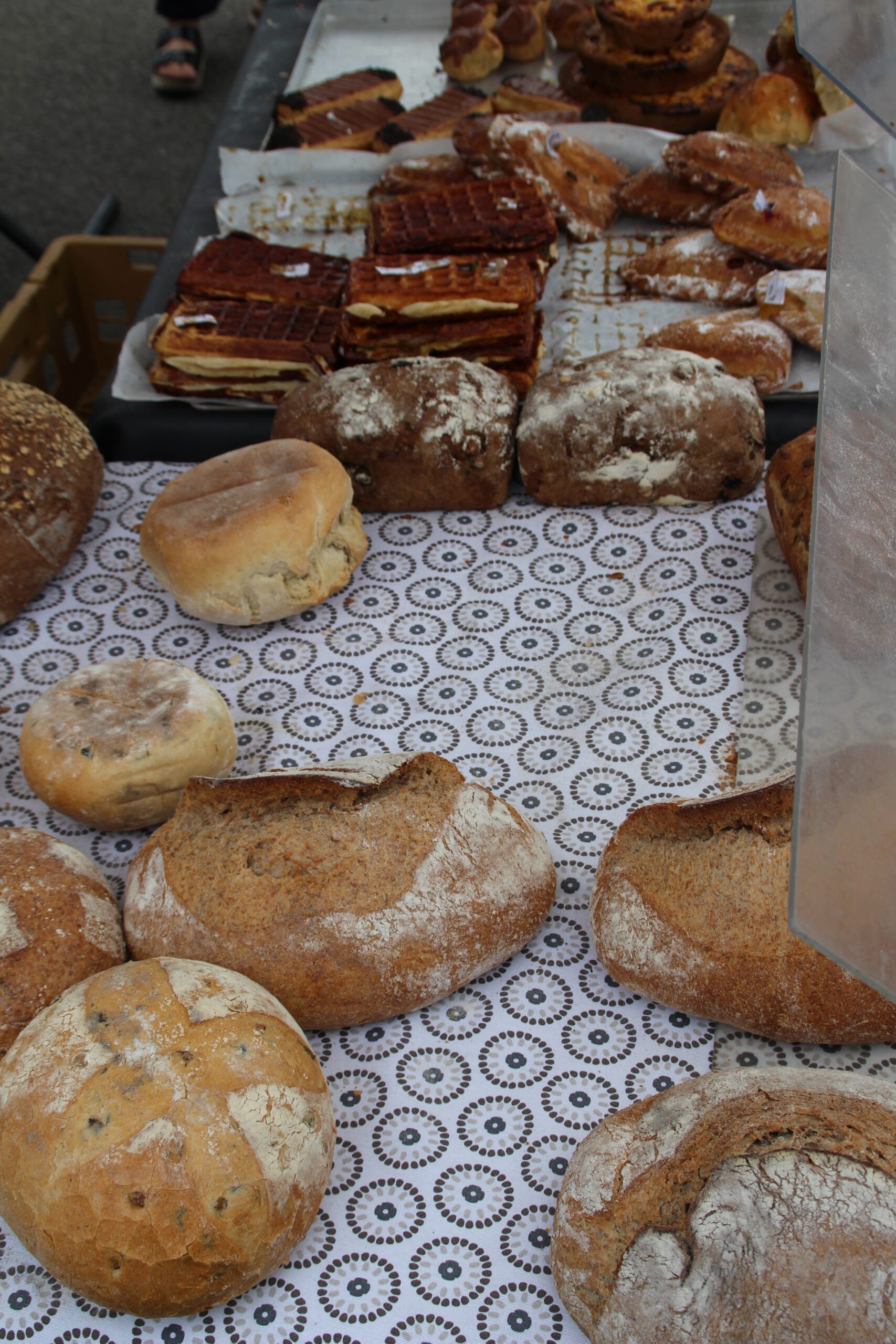 Aywaille Market artisan bread selection featuring rustic Ardennes loaves and traditional baked goods on a market stall