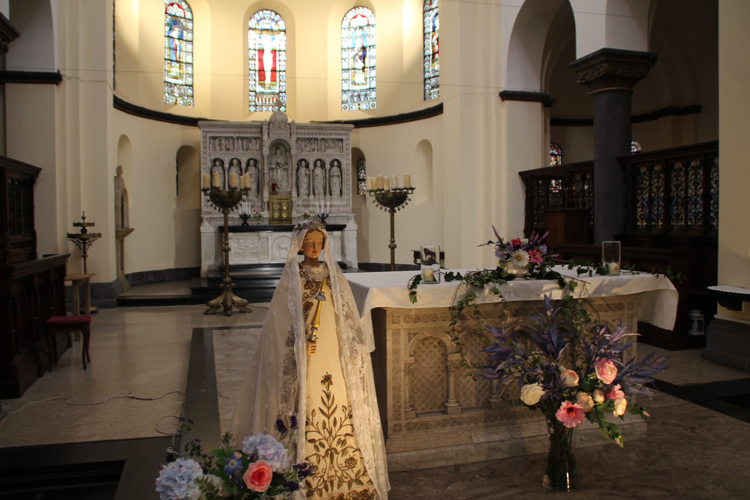 Saint Remaclus Church in Spa religious statue near the altar, Roman Catholic devotion and symbolism inside the historic church of Spa, Belgium