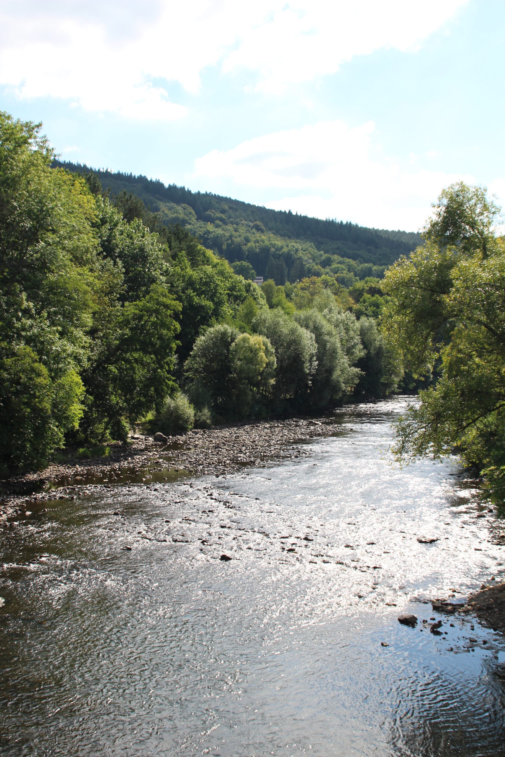 Watervallen of Coo area along the Amblève River in the Belgian Ardennes, wide river view surrounded by forested hills near Coo and Stavelot