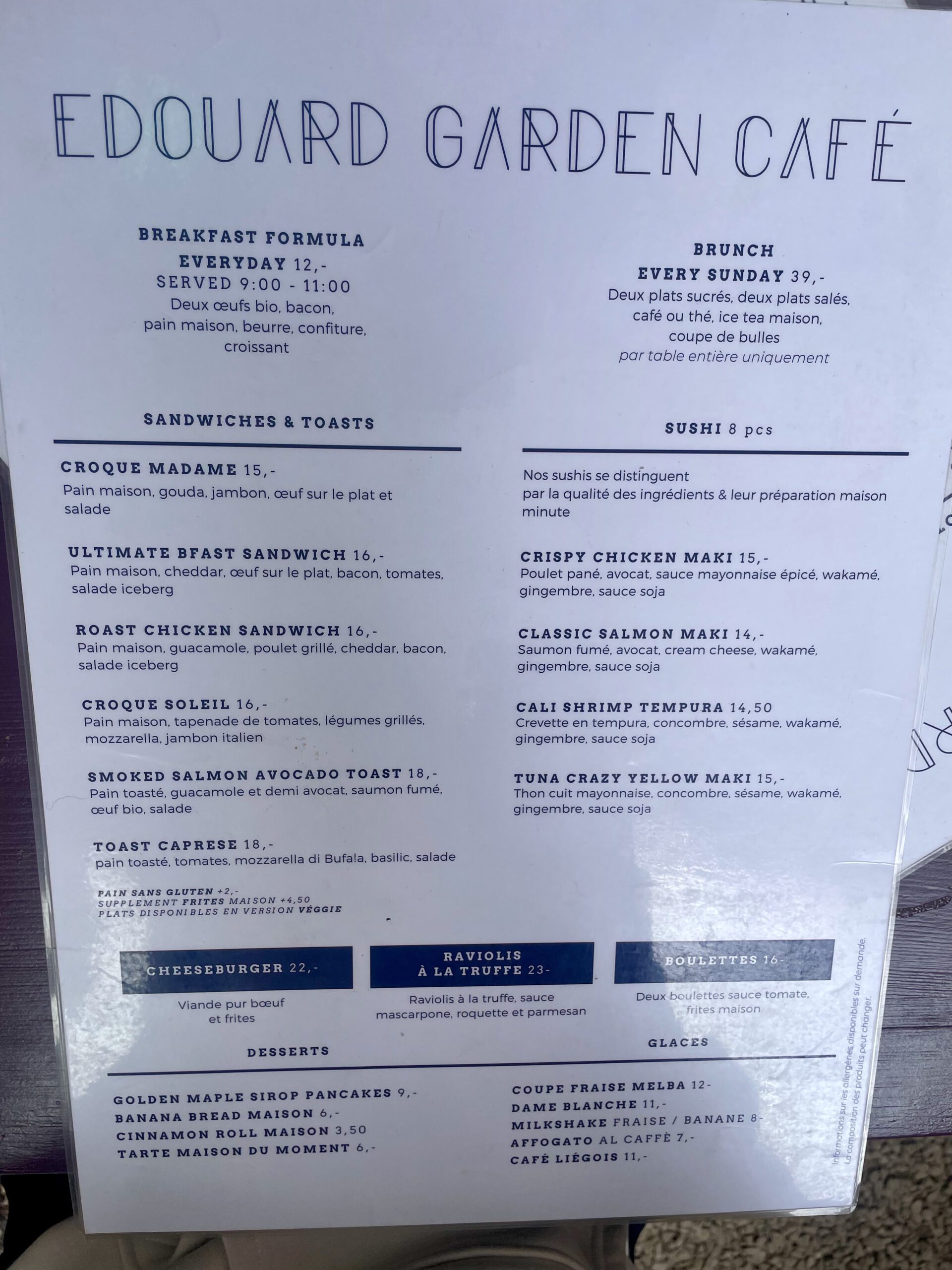 Edouard Garden Café Durbuy food menu with breakfast formula, Sunday brunch, croque monsieur, sandwiches, sushi, desserts, pancakes, and lunch highlights in the heart of Durbuy