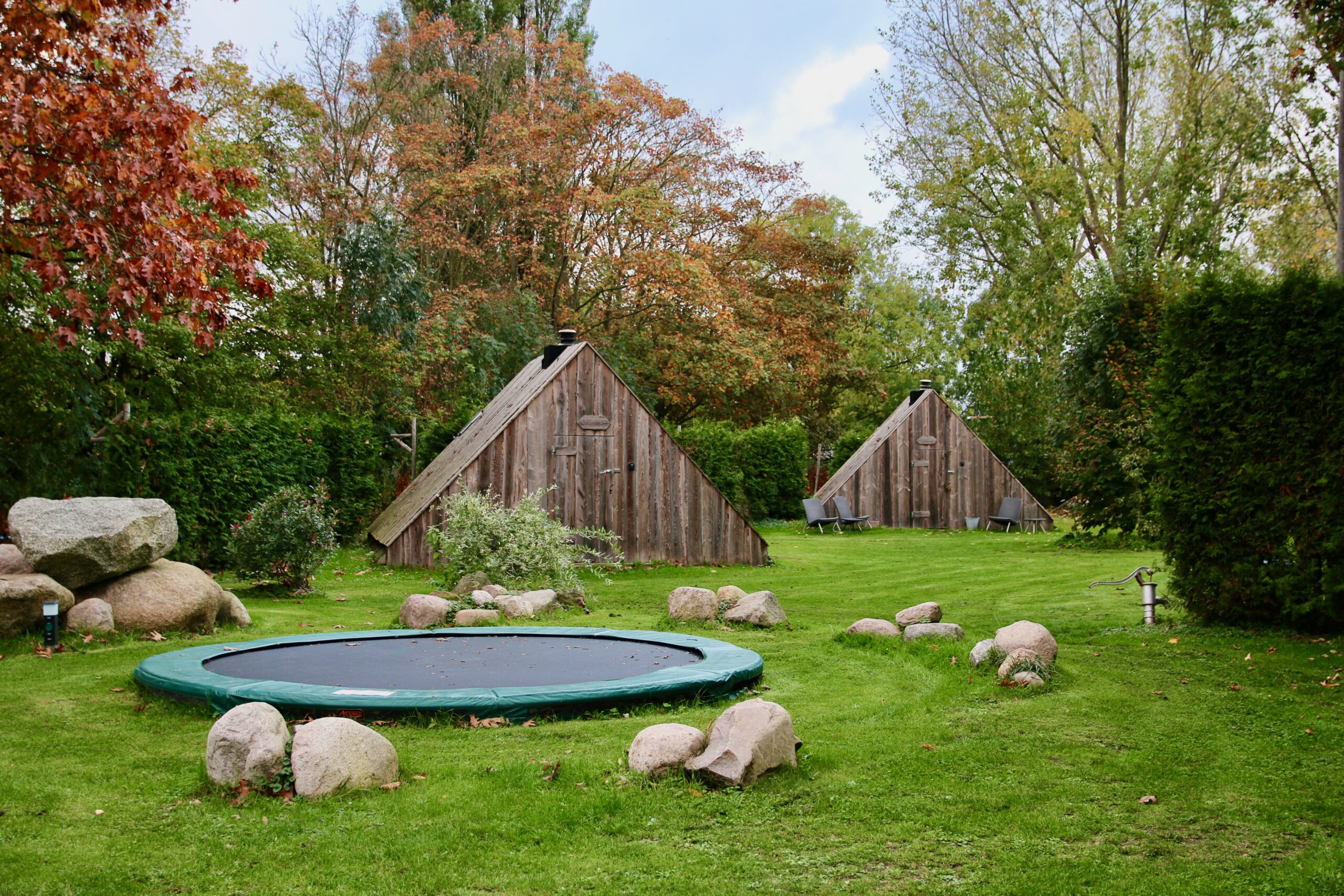 Back To Basic Zwaanshoek wooden cabins surrounded by green lawn and nature in North Holland