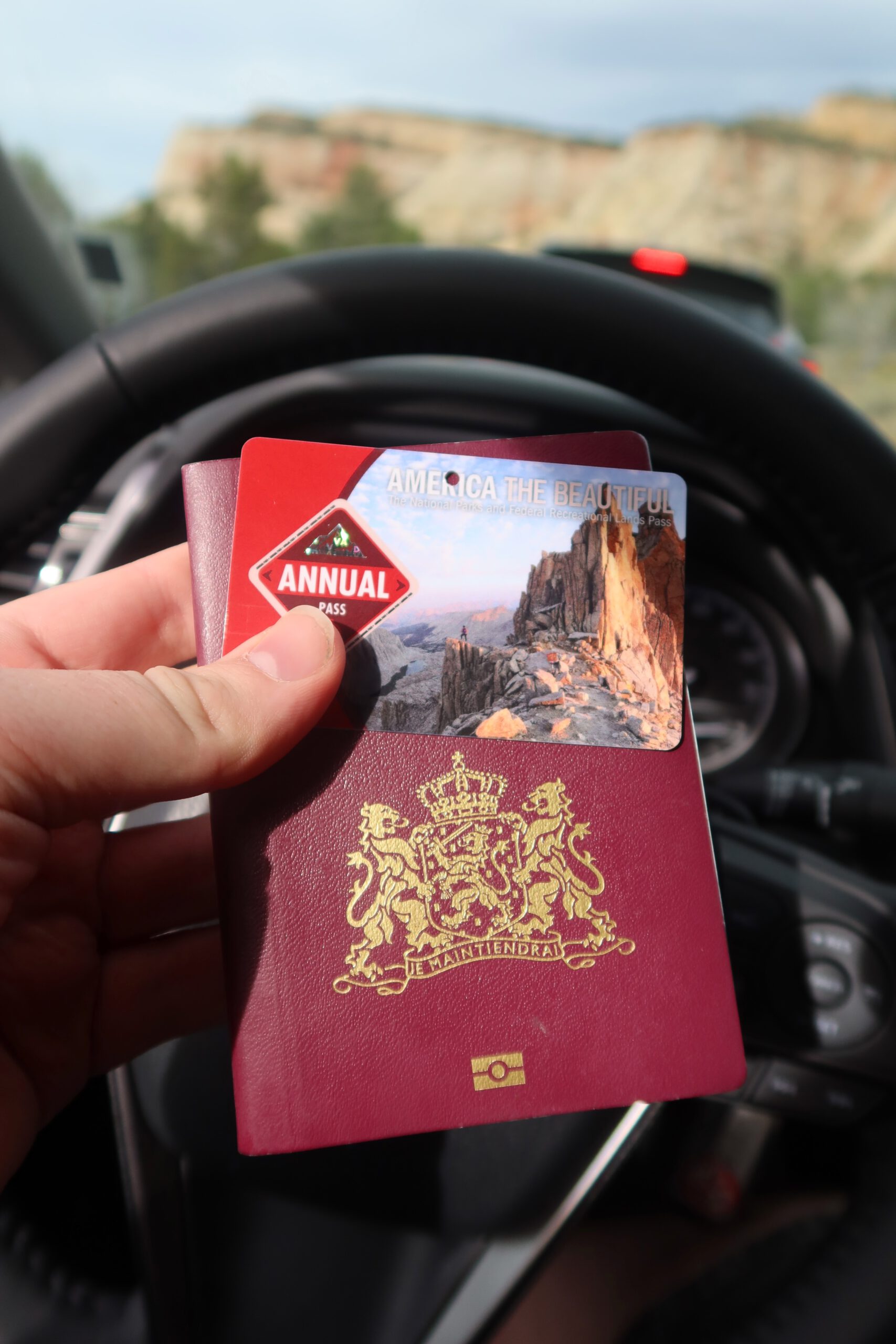 America the Beautiful Annual Pass held in front of a steering wheel, Dutch passport visible, road trip through Zion National Park in Utah, access to US National Parks with NPS pass