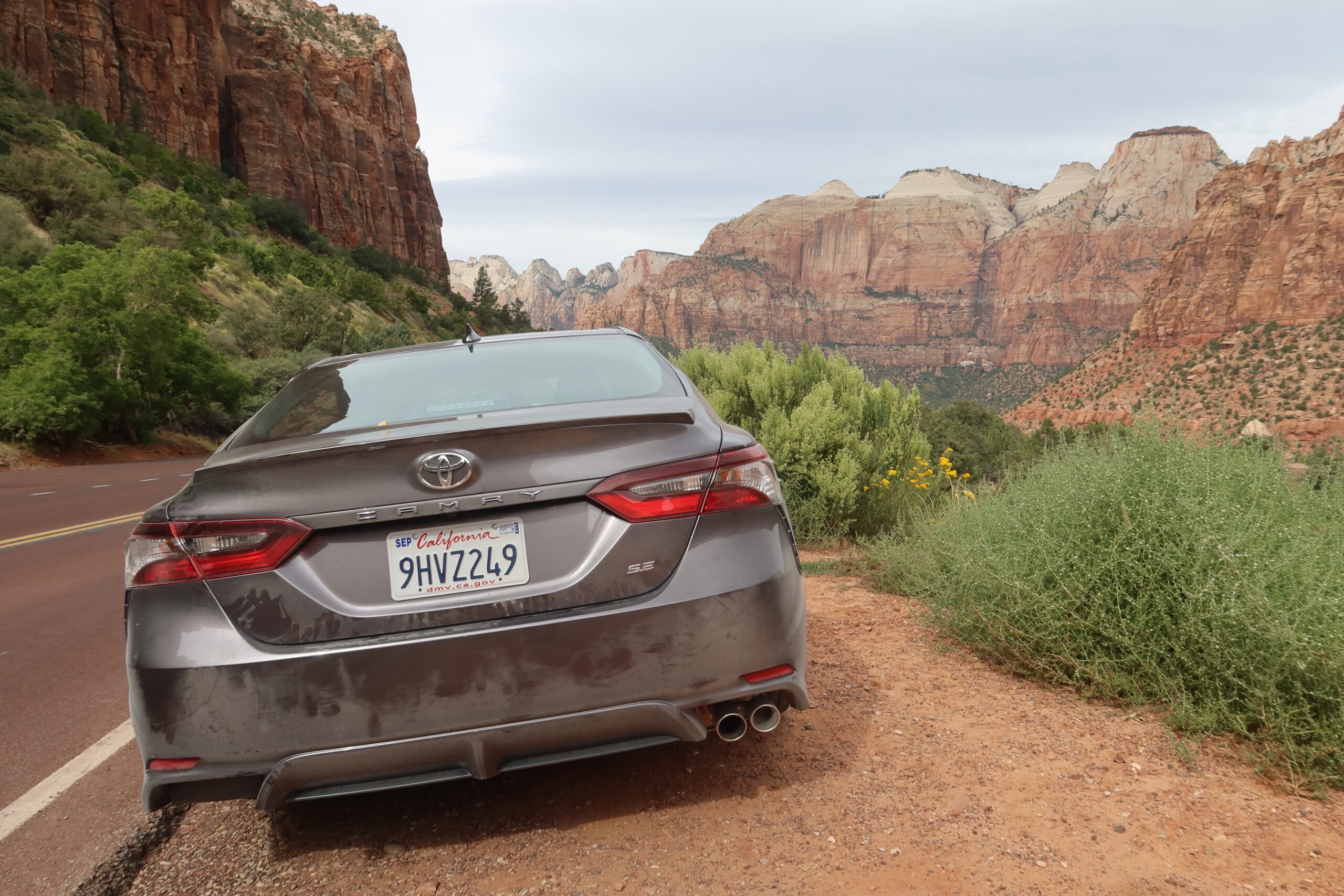Car parked along Zion Canyon Scenic Drive with towering red sandstone cliffs and green vegetation in Zion National Park, Utah