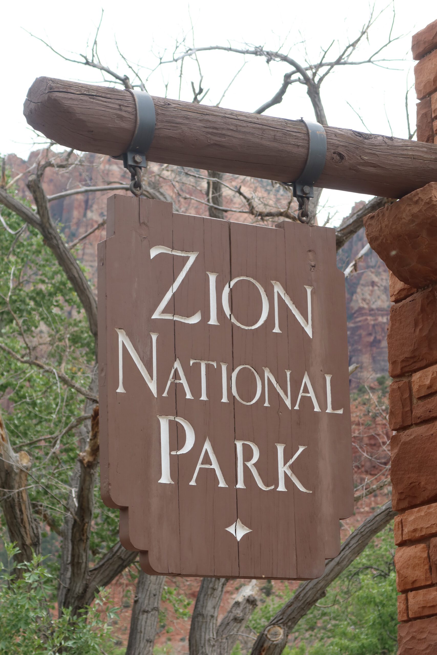 Classic wooden Zion National Park review sign hanging from a timber beam with red sandstone cliffs in the background