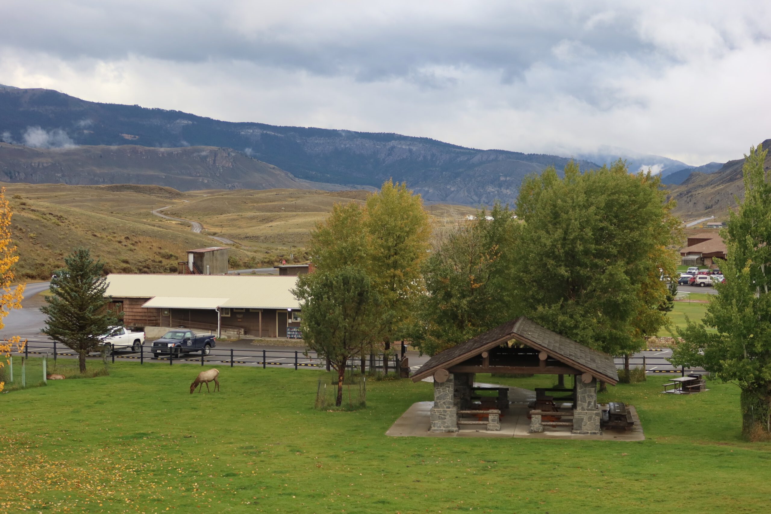 Gardiner Montana landscape near Yellowstone National Park, grassy field with picnic shelter and elk grazing, mountains in the background