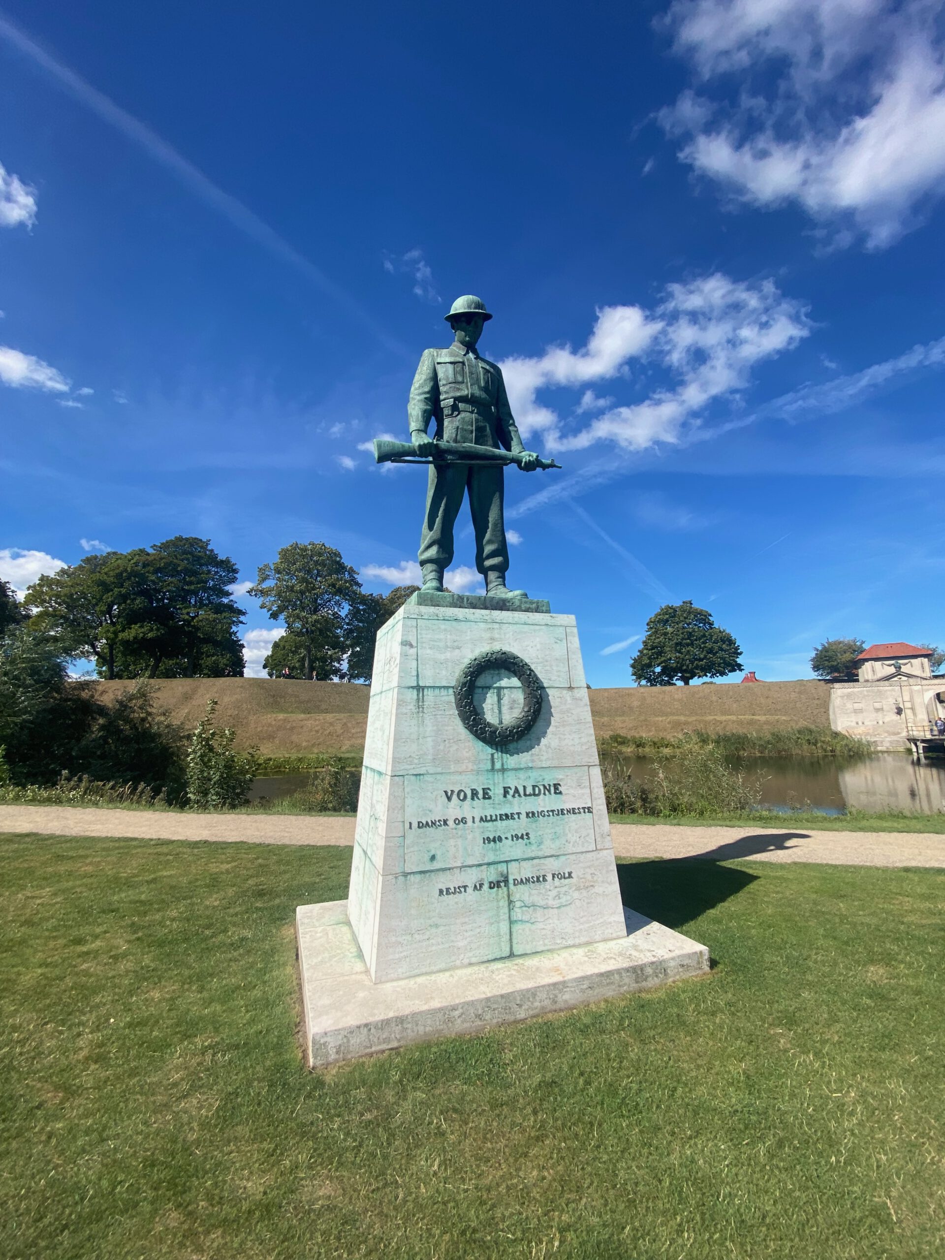 Kastellet Copenhagen memorial statue depicting a Danish soldier representing the fallen Danish and Allied soldiers of World War II, standing near the historic fortress ramparts