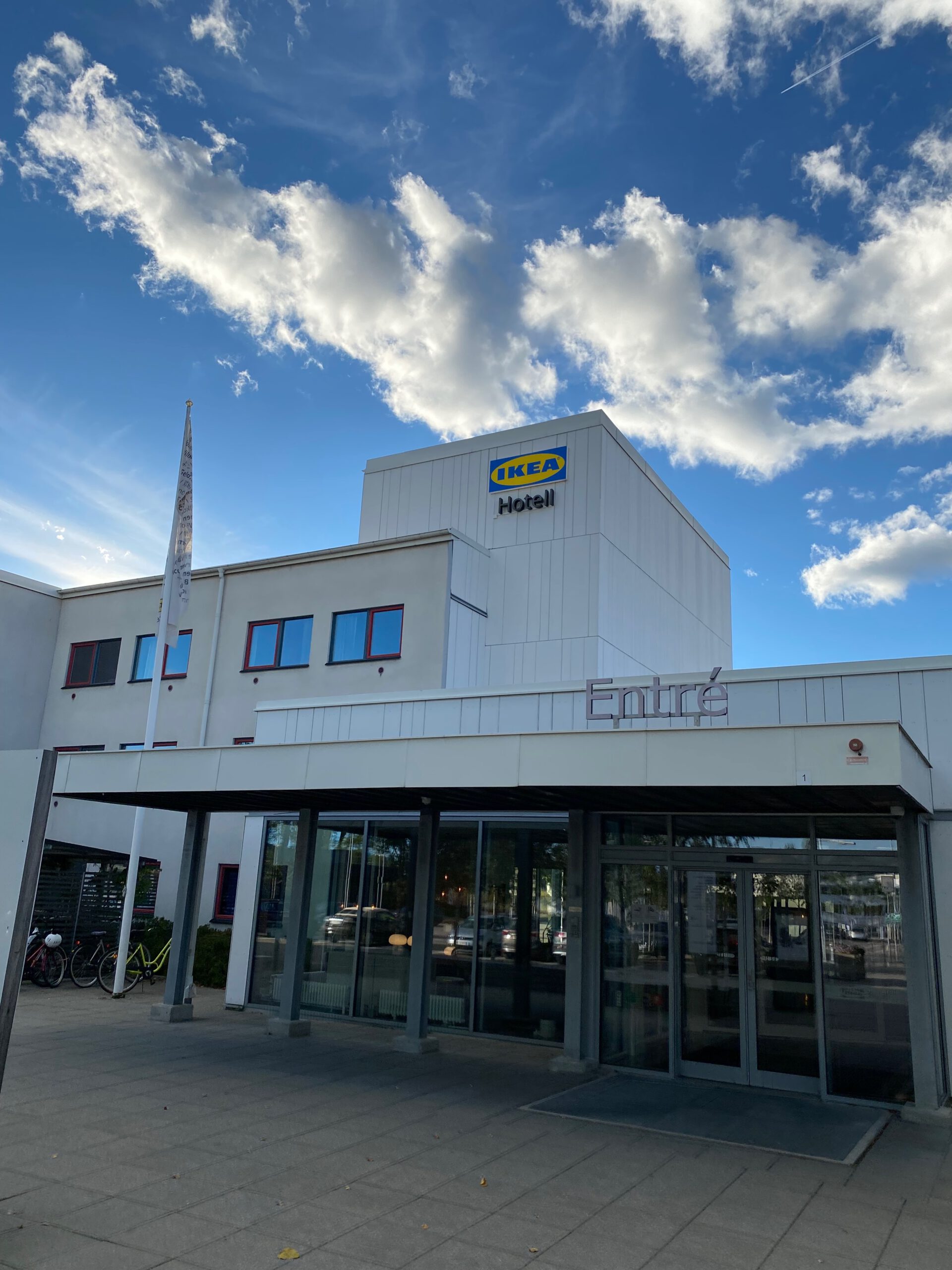 IKEA Hotell Älmhult main entrance and facade under a blue sky in Älmhult Sweden