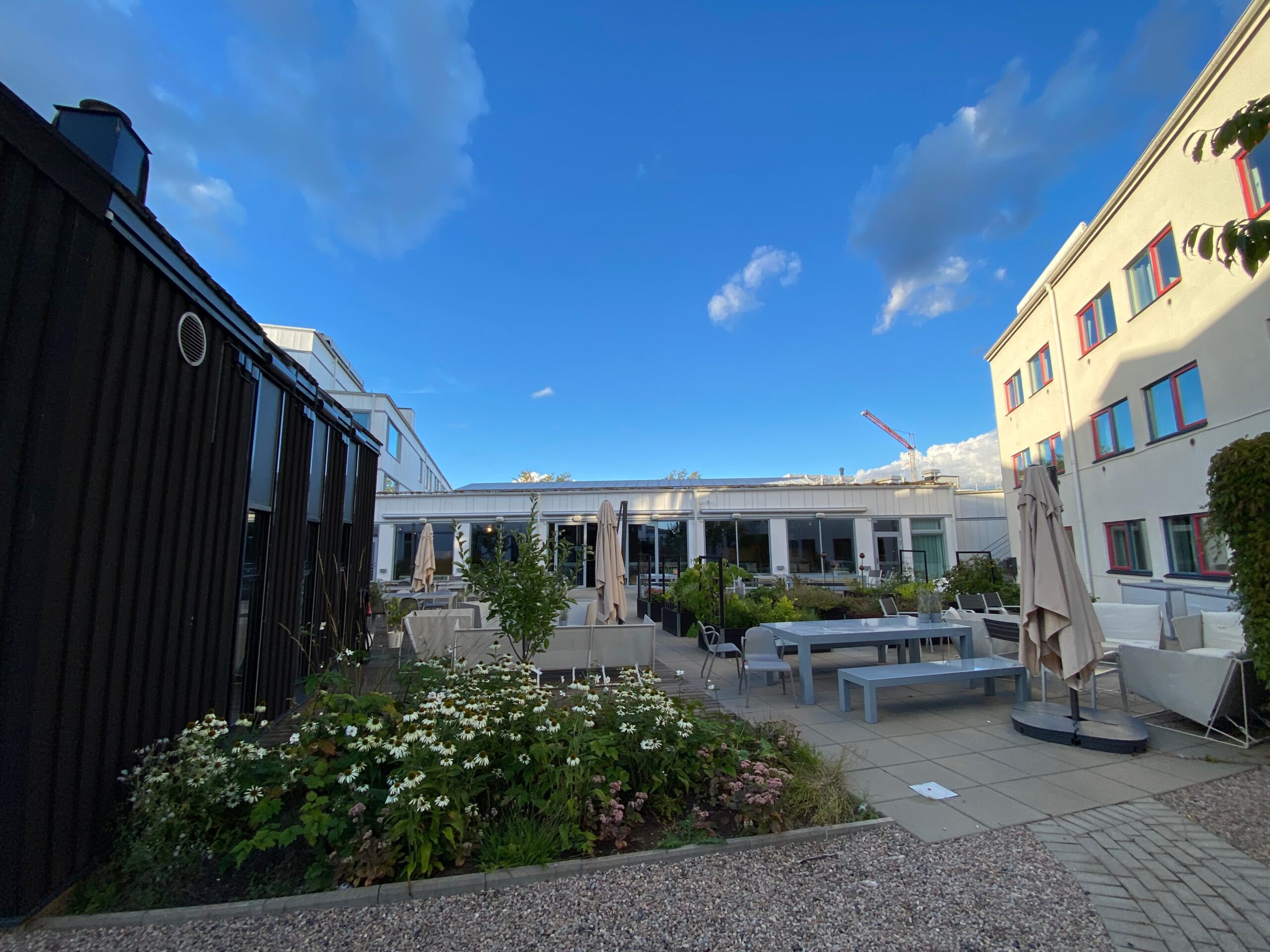 Outdoor courtyard at IKEA Hotell Älmhult featuring a quiet terrace with tables, umbrellas, modern Scandinavian architecture and green landscaping under a clear blue sky.