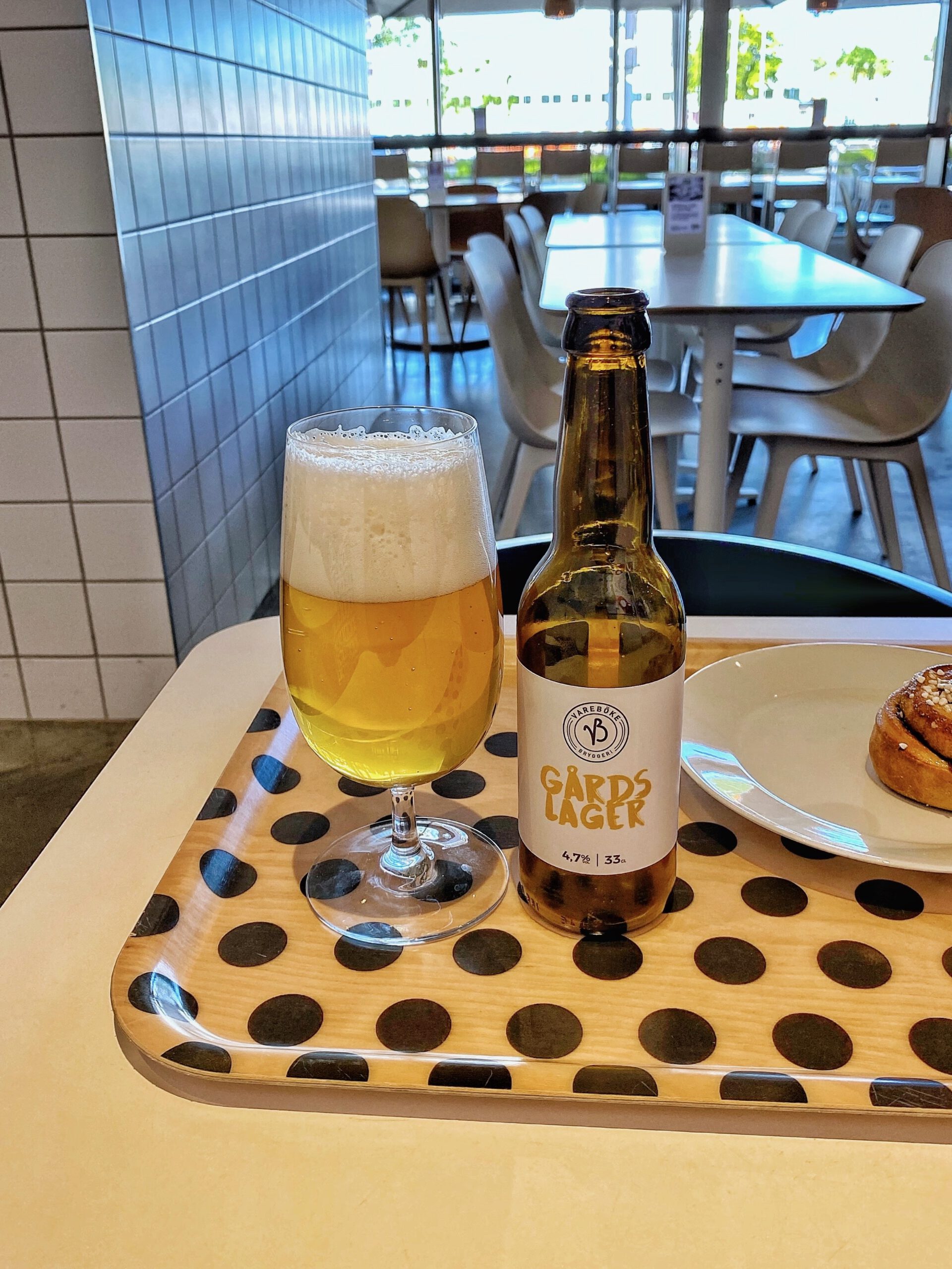 IKEA Museum Café Älmhult serving a Swedish Gårds Lager beer (4.7%) in a glass and bottle on an IKEA tray inside the museum café