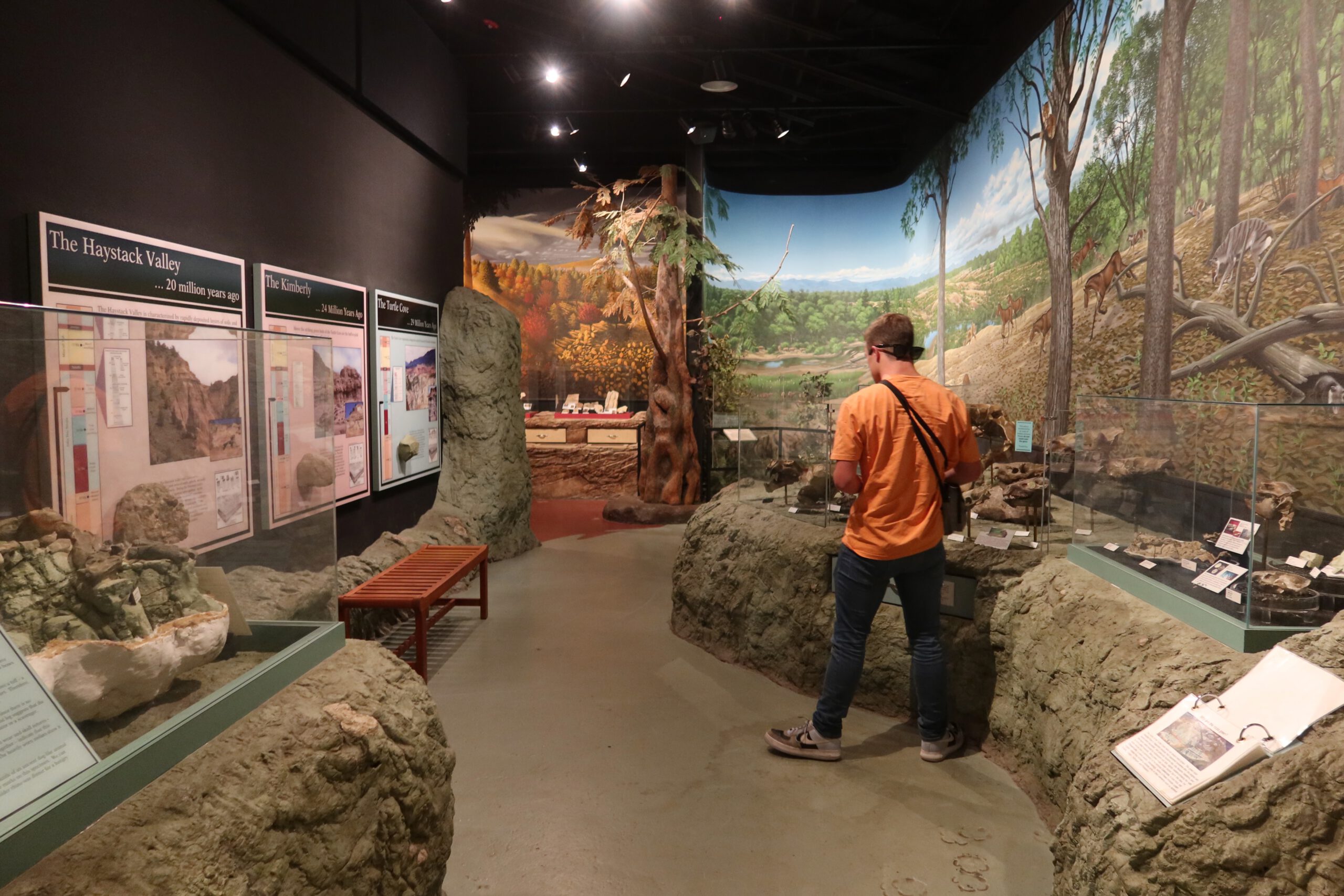 Peter Smit exploring fossil and geology exhibits inside the John Day Fossil Beds National Monument visitor center, surrounded by prehistoric displays and educational panels in Eastern Oregon