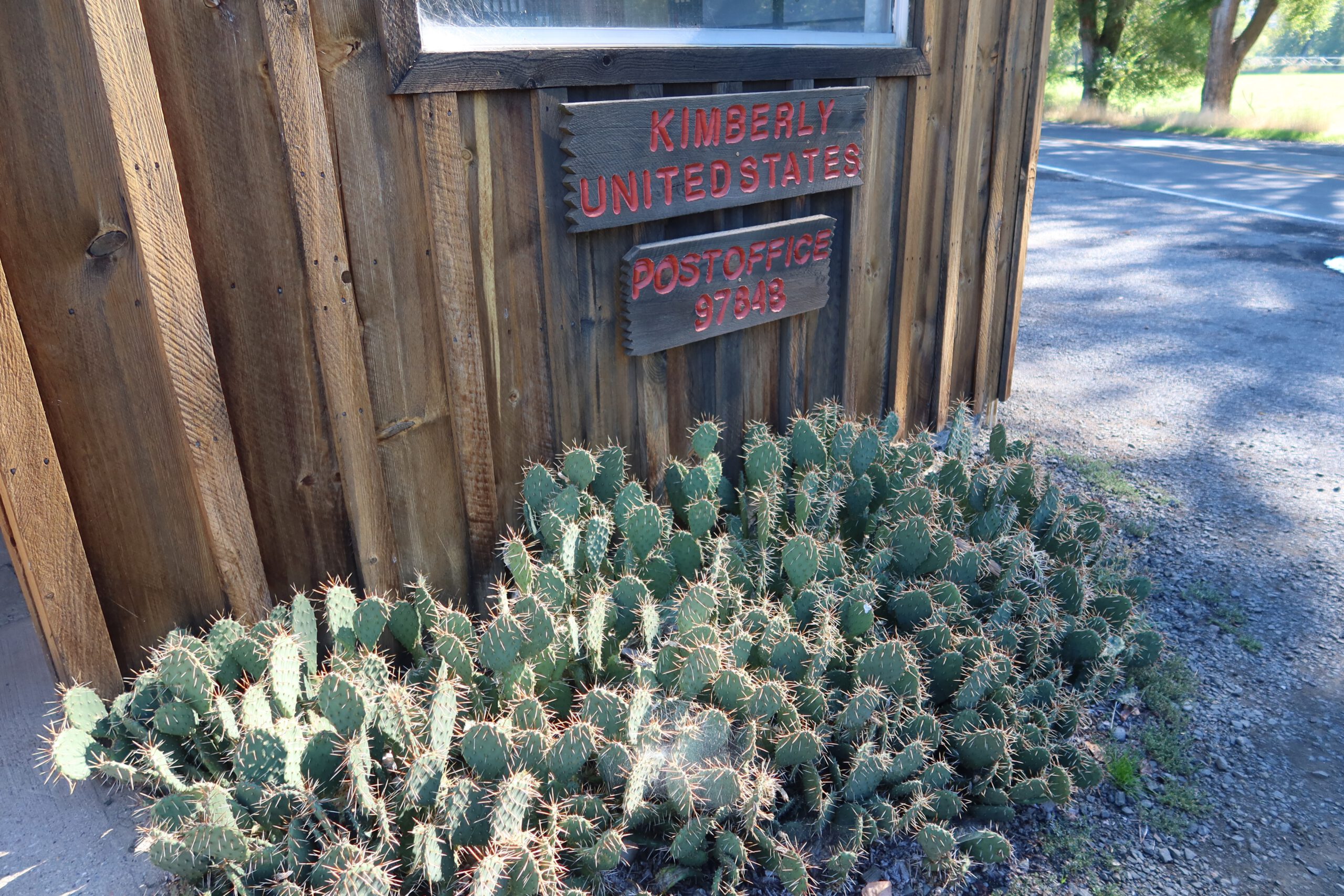 Kimberly United States Post Office sign in Oregon, wooden wall with cactus plants in front of the rural post office