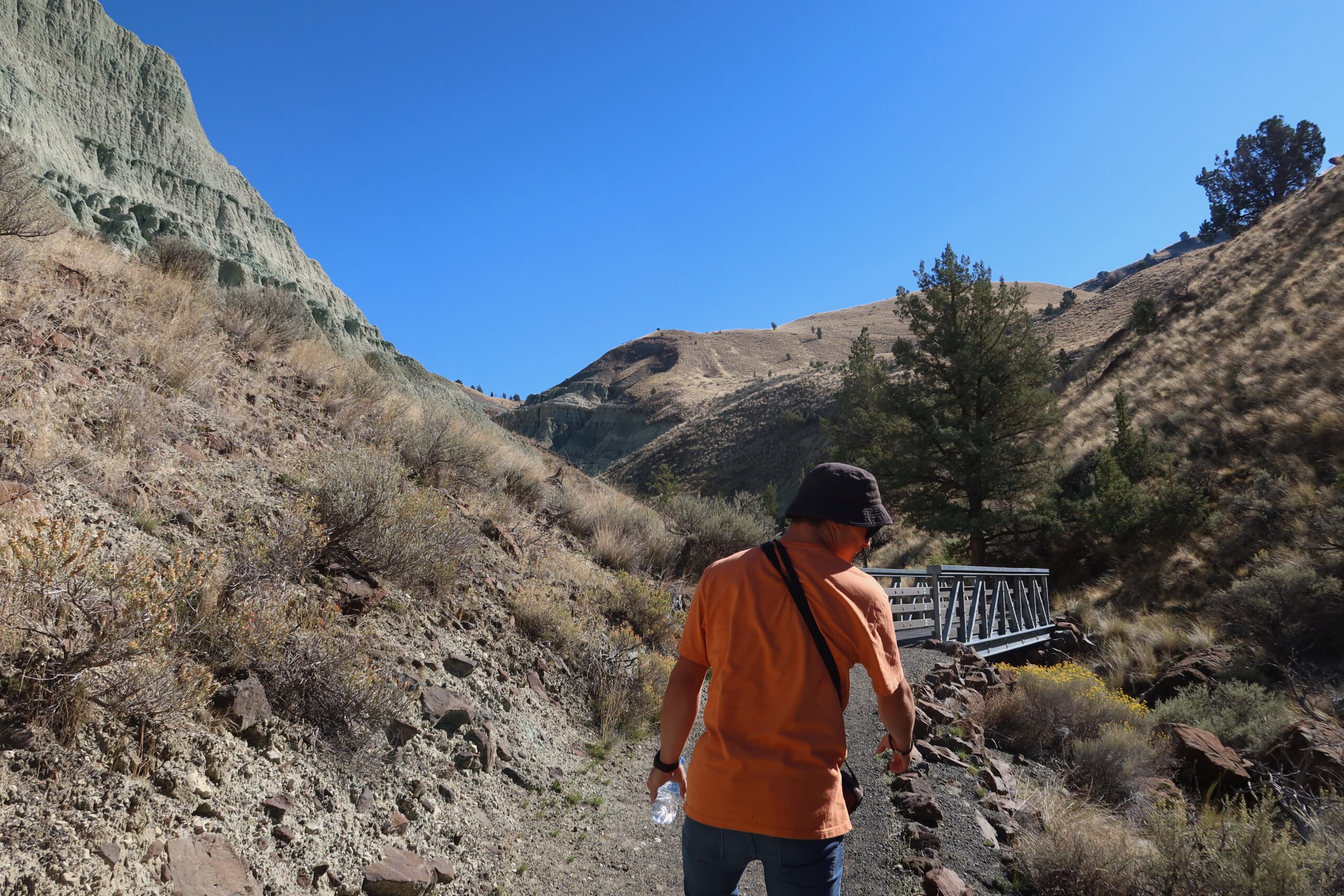 AltijdPeter, also known as Peter Smit, walking along the Island in Time Trail in the Sheep Rock Unit of John Day Fossil Beds National Monument, surrounded by green claystone hills and rugged high desert scenery