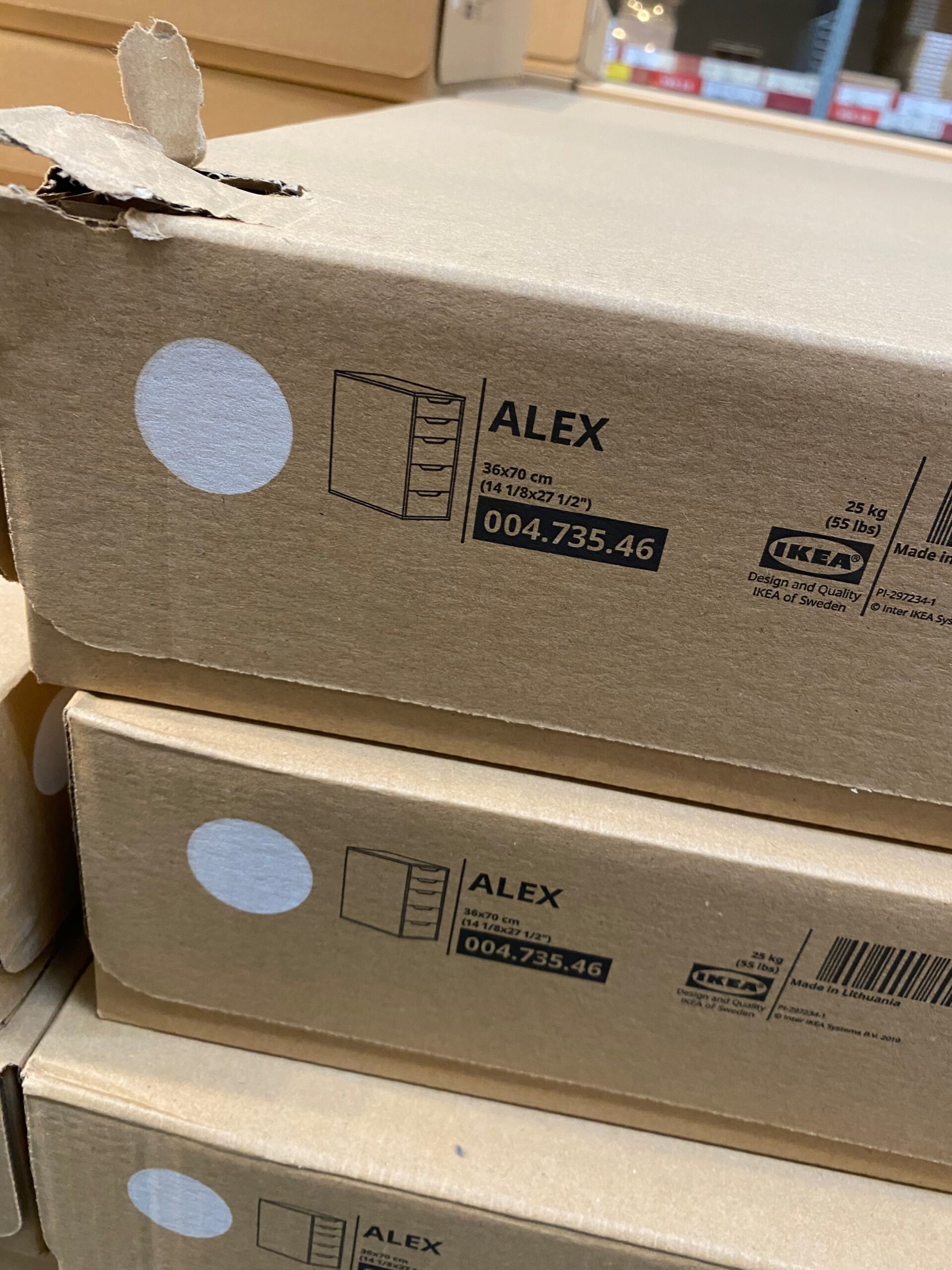IKEA Haparanda Restaurant and Store interior showing stacked ALEX drawer unit boxes in the self service warehouse area