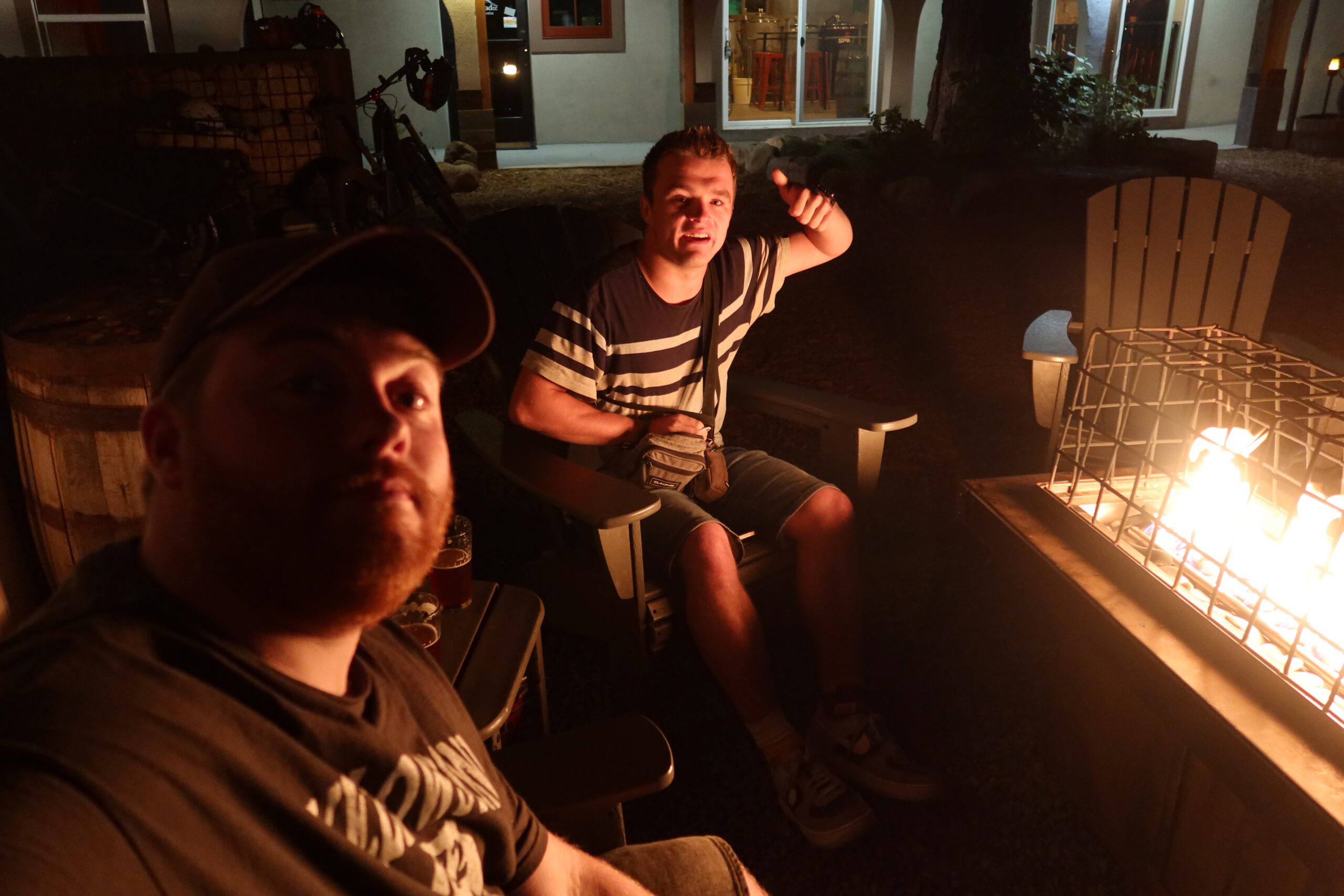 Evening selfie at Bear Belly Brewing Company featuring Timeuw, Timo van den Berg and Peter Smit enjoying local craft beer, taken near a Lake Tahoe studio rental in town.