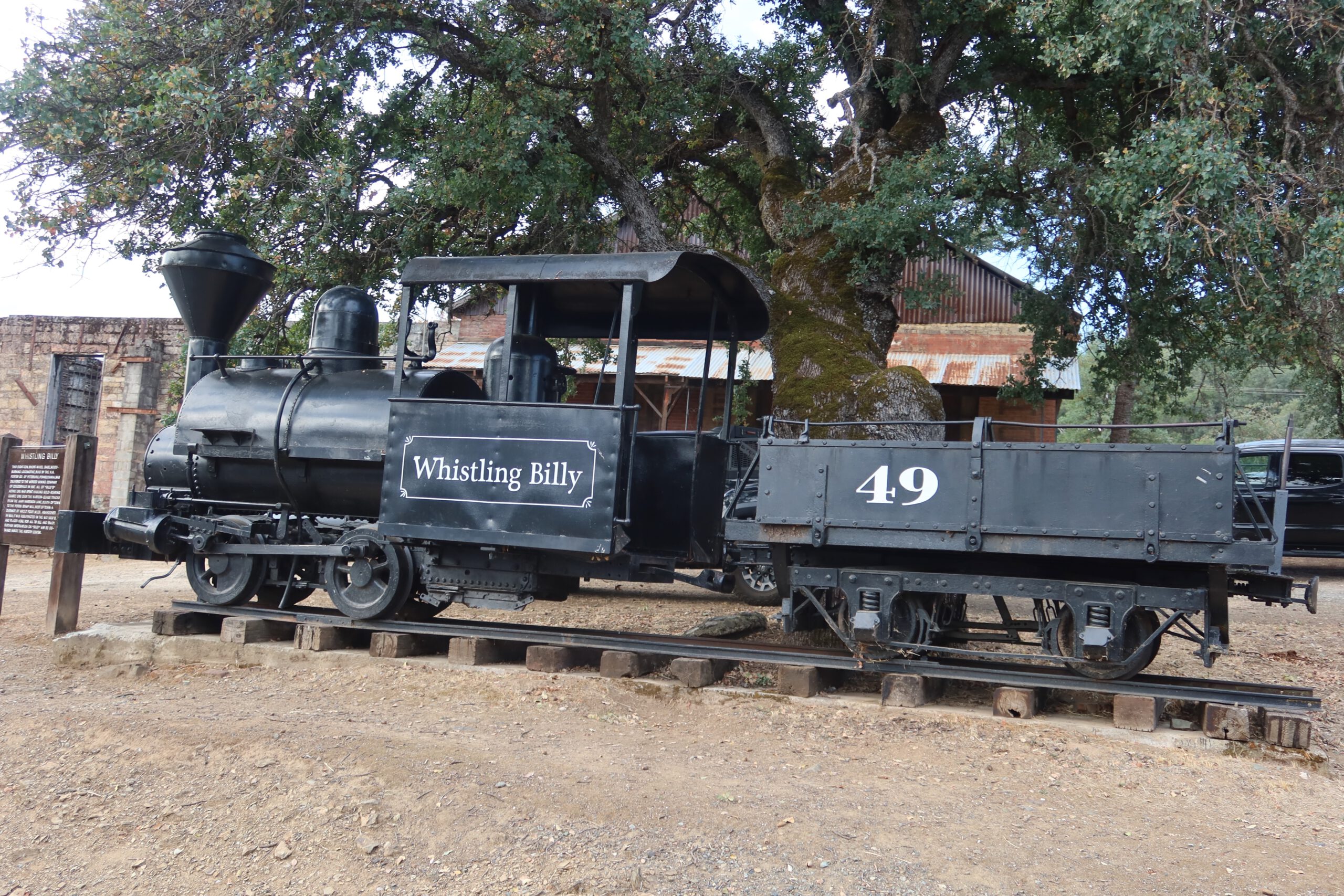 Historic Whistling Billy steam locomotive displayed at the Coulterville History Center in Coulterville, California, representing gold rush era rail transport along CA 49 in Northern Mariposa County