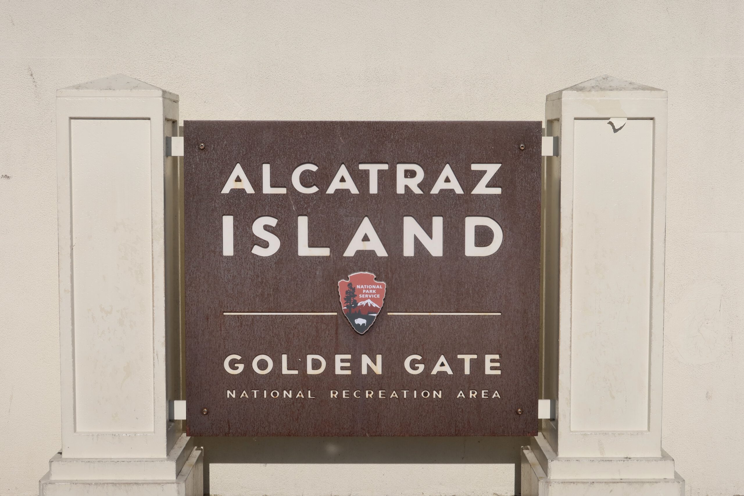Official Alcatraz Island sign by the National Park Service marking the Golden Gate National Recreation Area entrance