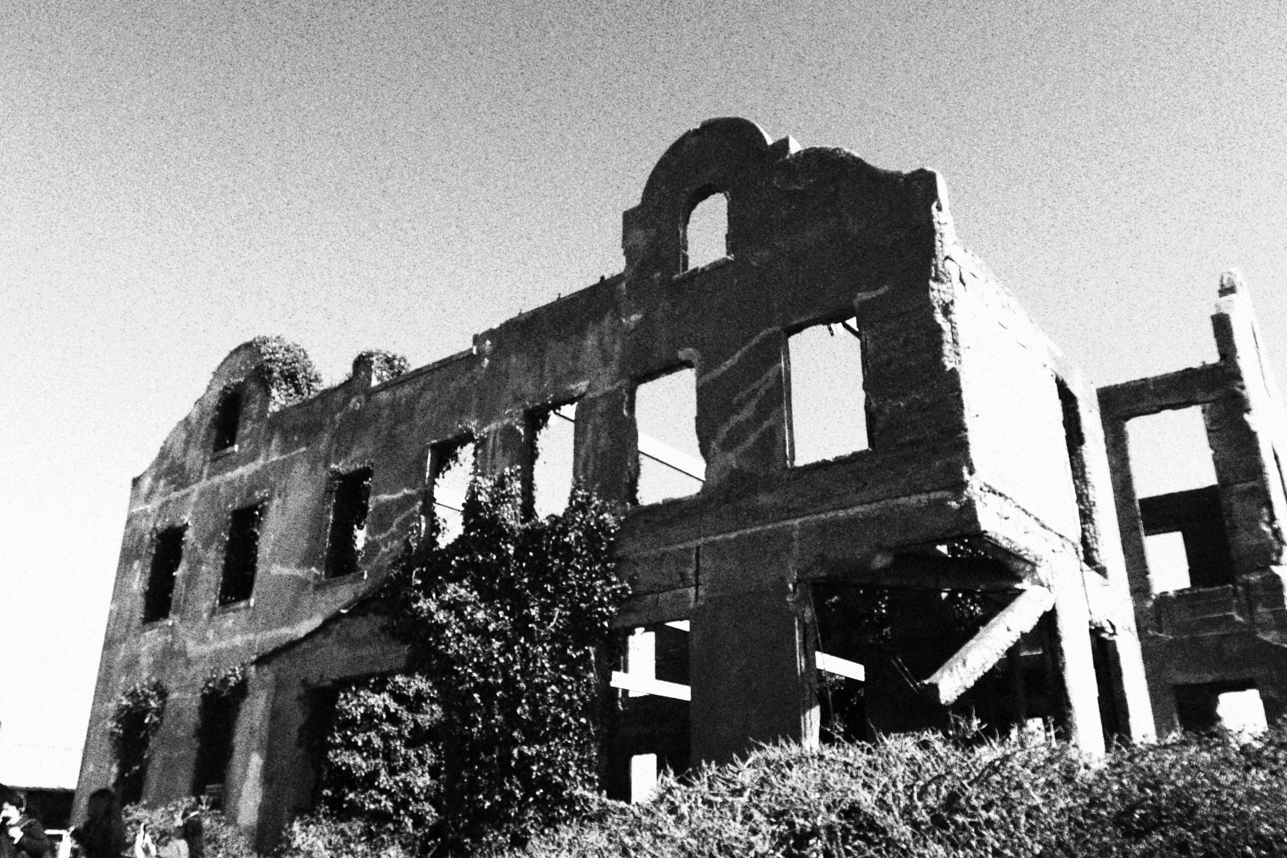 Ruins of the former Warden’s House on Alcatraz Island, destroyed during the Native American occupation, shown in black and white