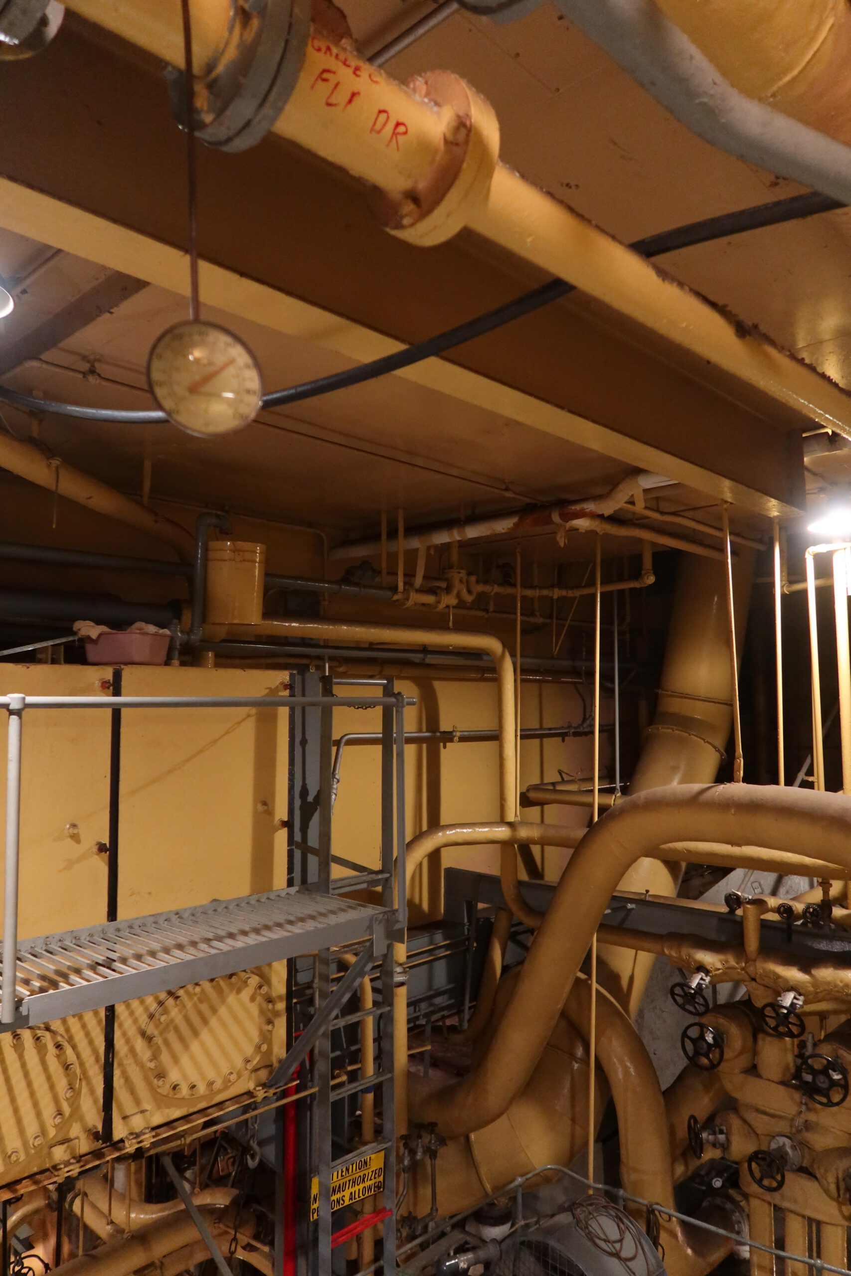Engine room piping and mechanical systems inside the SS Jeremiah O’Brien, showcasing original World War II Liberty Ship machinery in San Francisco.