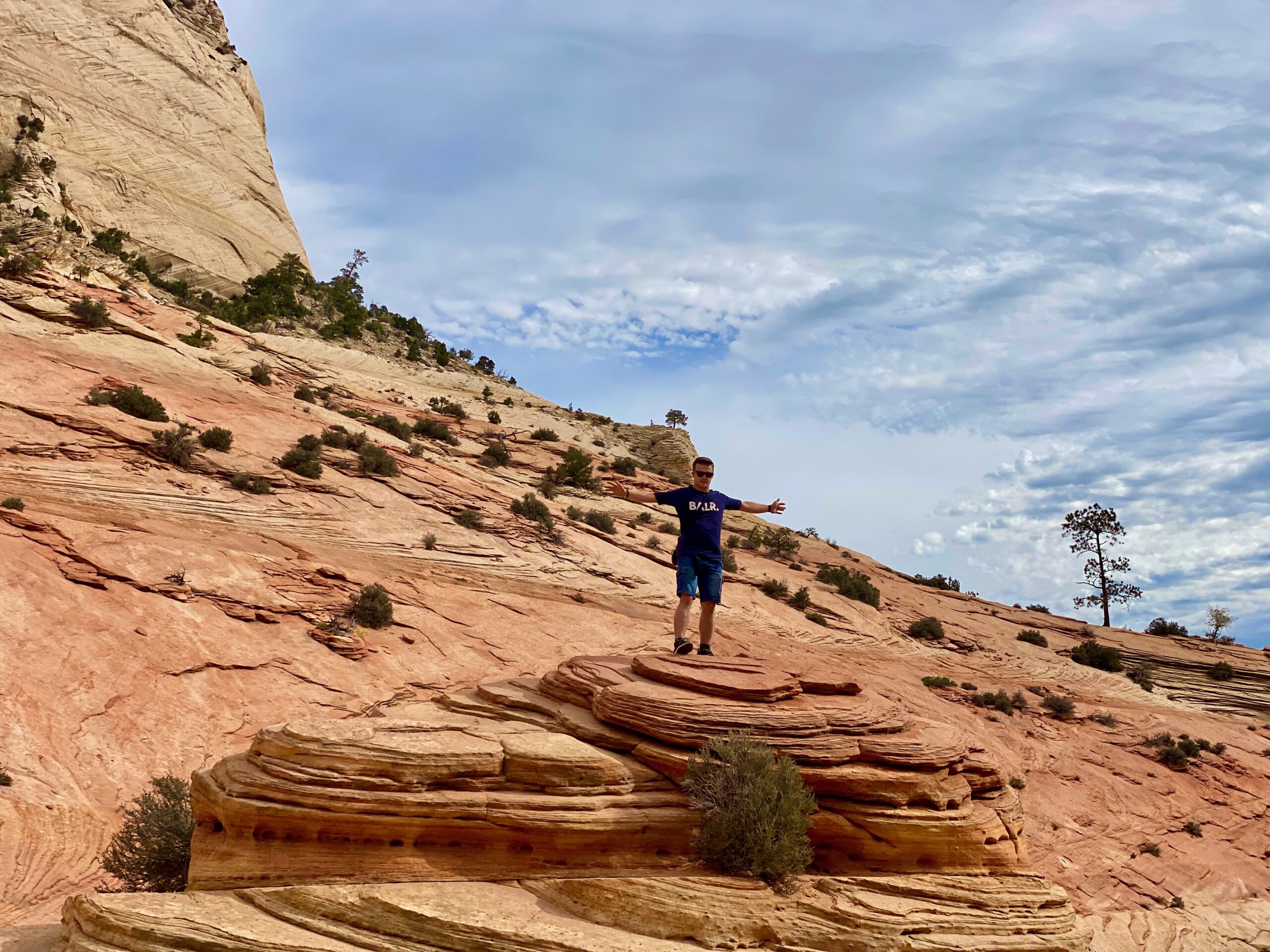 Traveler standing on layered sandstone rock formation in Zion National Park, wide open desert landscape and dramatic sky
