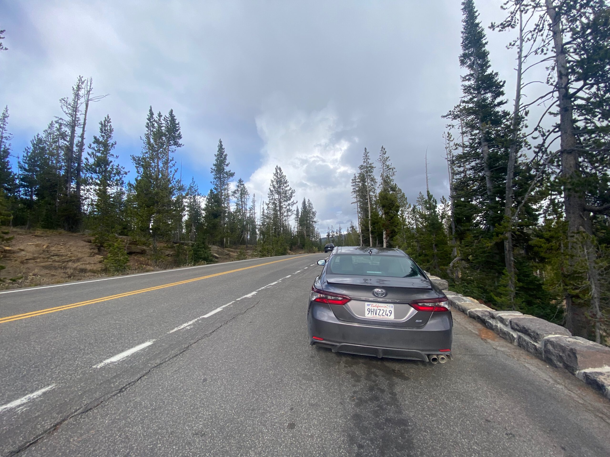Roadside stop inside Yellowstone National Park with parked car, pine forest and open highway, typical Yellowstone road trip moment
