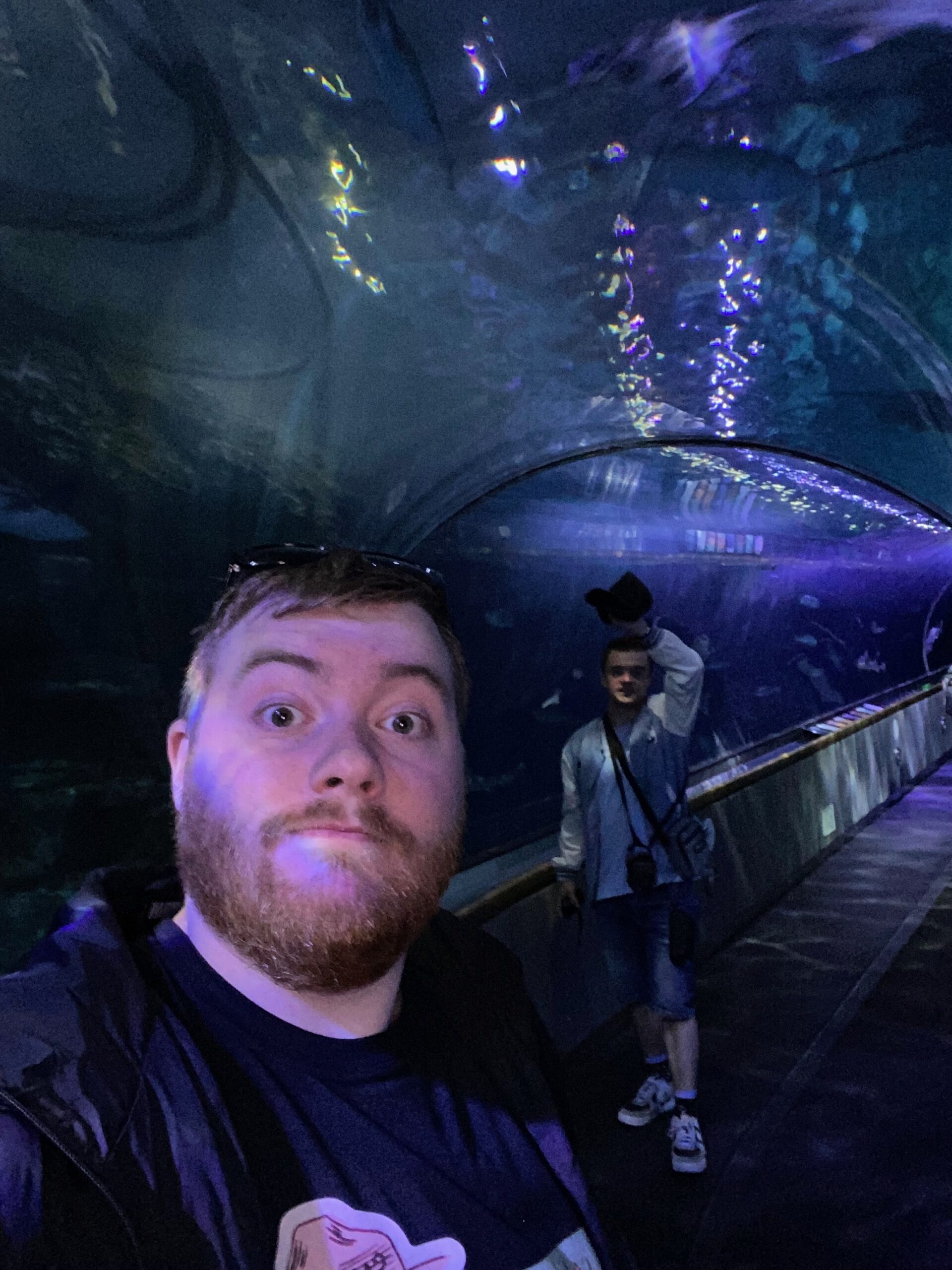 Aquarium of the Bay tunnel exhibit at Pier 39 in San Francisco, visitors Peter Smit & Timo van den Berg (Timeuw) walking through the underwater tunnel surrounded by marine life and colorful reflections inside Aquarium of the Bay