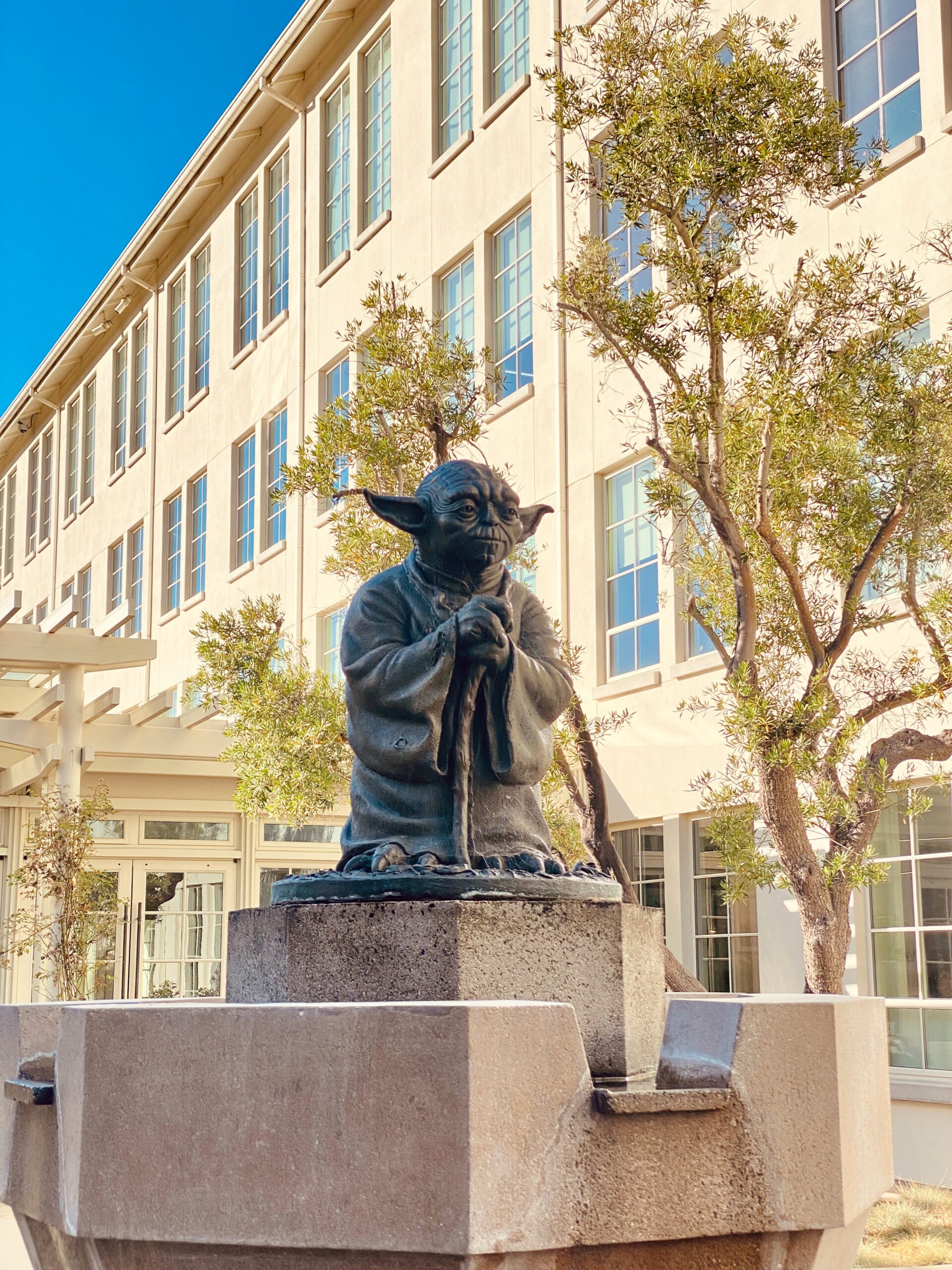 Close up of Yoda Fountain San Francisco, detailed bronze Yoda statue in front of the former Lucasfilm building in the Presidio