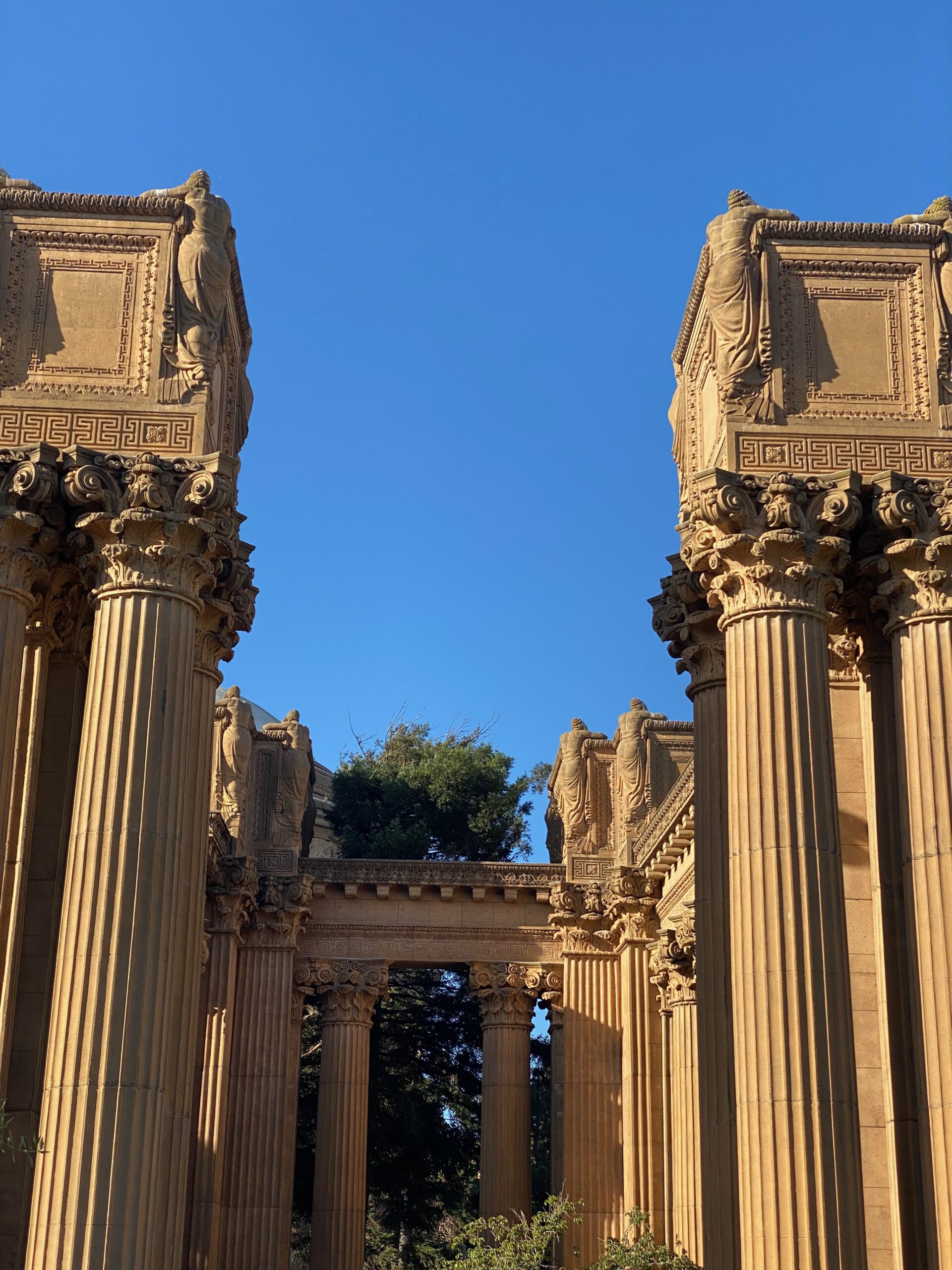 Palace of Fine Arts San Francisco columns and statues captured in warm sunlight, highlighting classical architecture, ornate capitals, and symmetrical design in the Marina District
