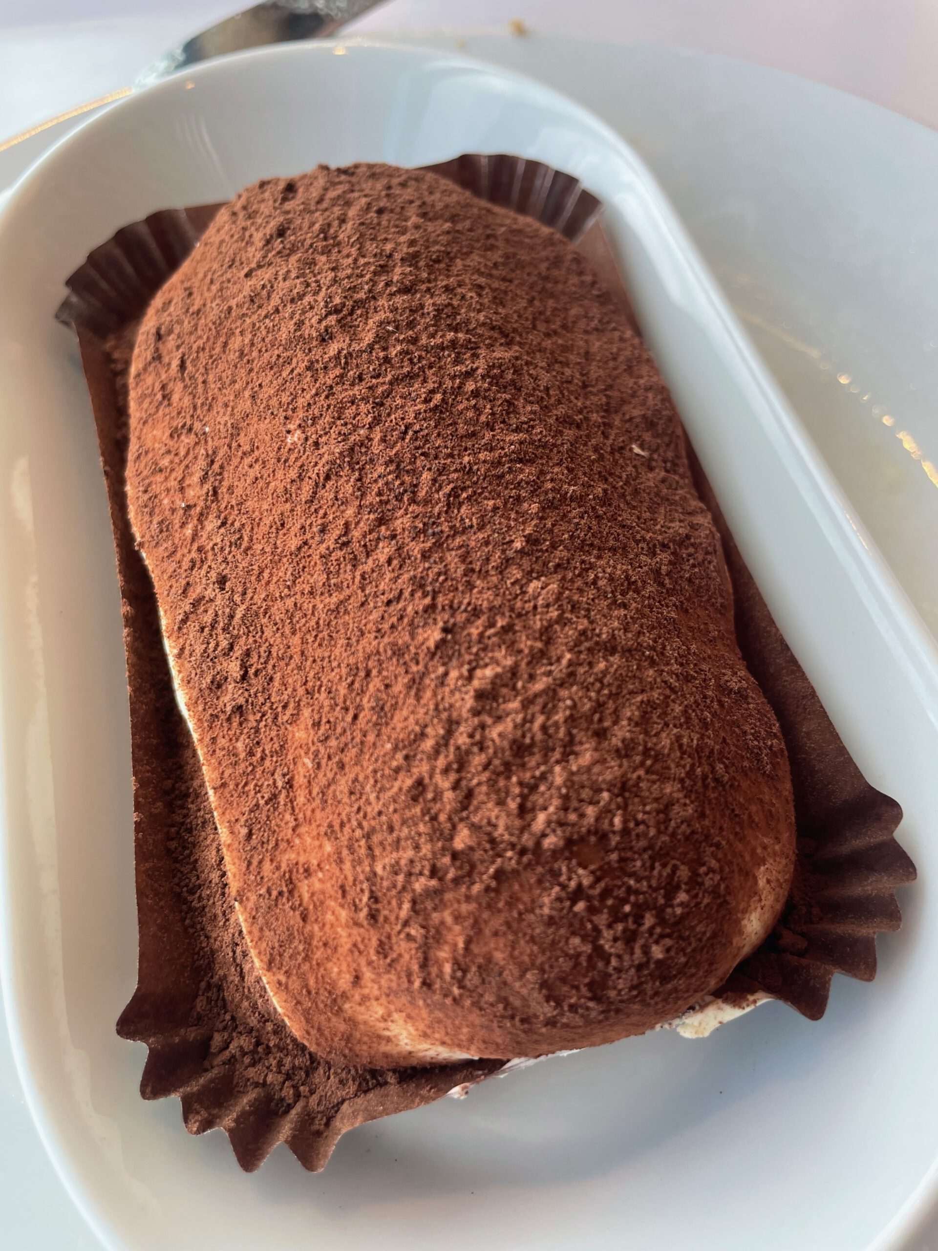 Close-up of a cocoa-dusted tiramisu dessert served at IKEA Haparanda Restaurant and Store