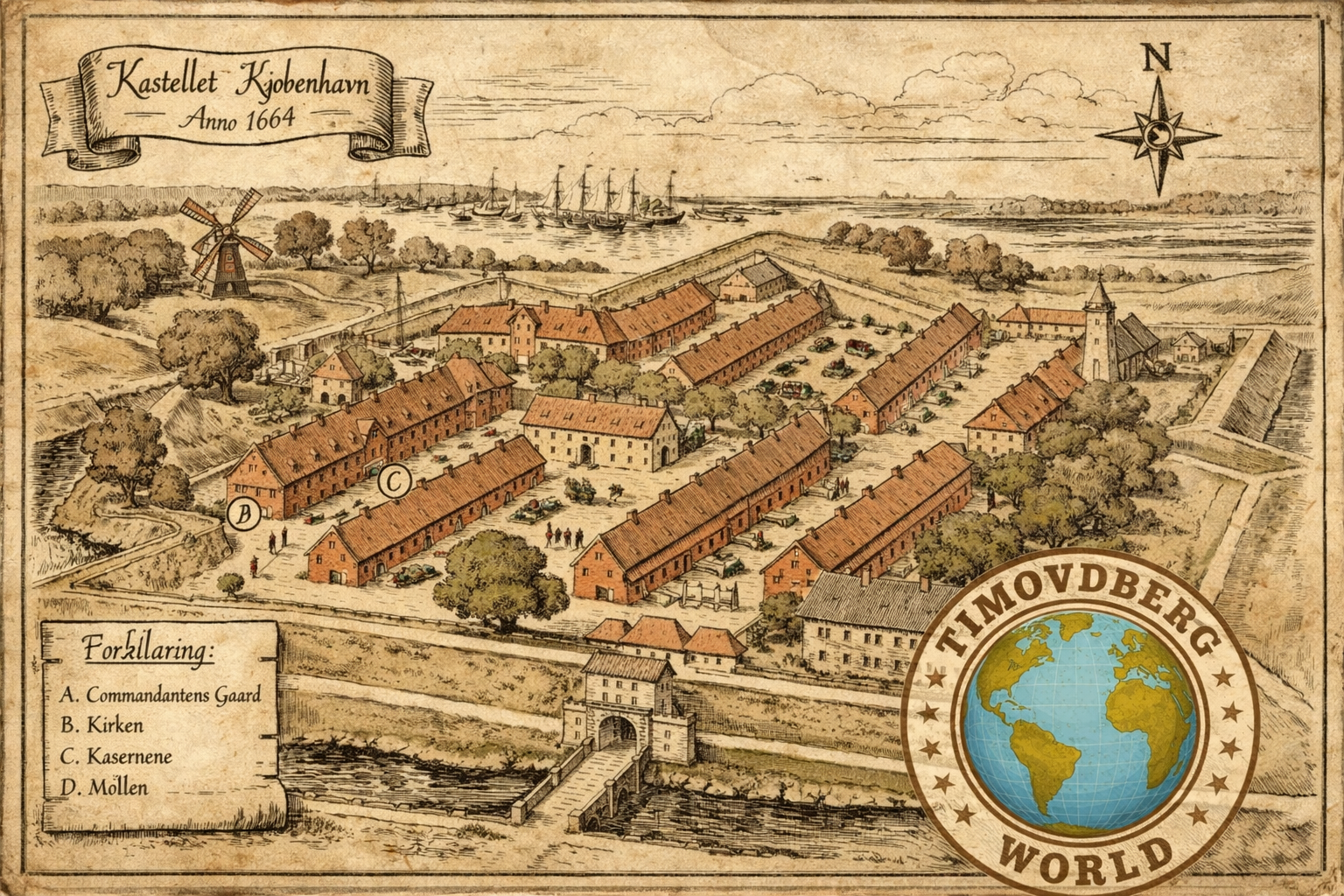 Kastellet Copenhagen illustrated as a 17th century ink map, showing the historic star shaped fortress, bastions, moats, barracks and surrounding landscape in Copenhagen