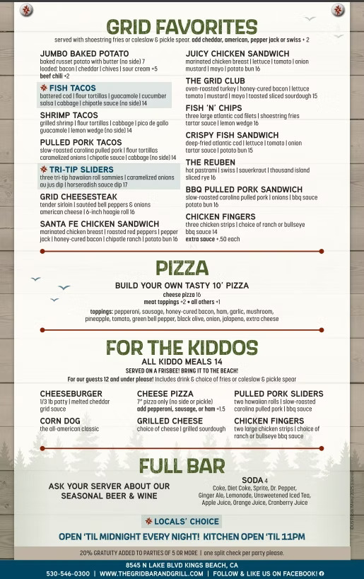 The Grid Bar and Grill Lake Tahoe menu showing Grid Favorites, fish tacos, sandwiches, pizza options and kids meals