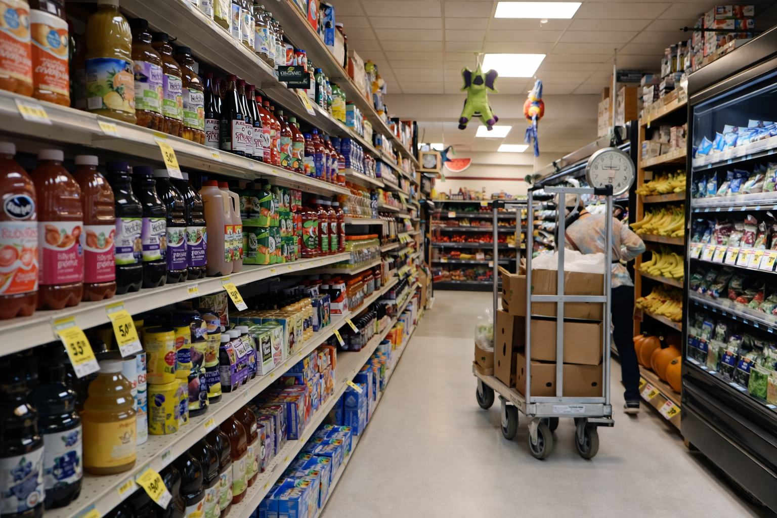 Interior aisle at Gardiner Market in Gardiner Montana, showing stocked shelves with drinks, juices, and grocery items near Yellowstone National Park