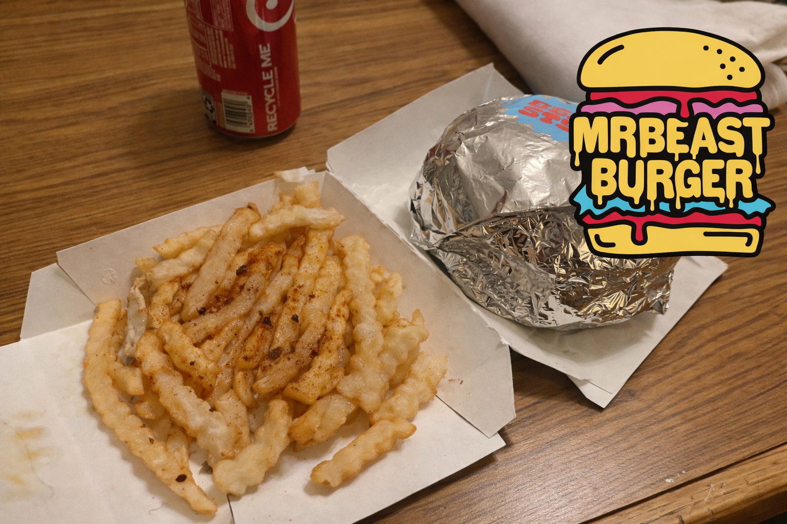 MrBeast Burger meal with crinkle-cut fries and a wrapped burger on a wooden table, featuring the MrBeast Burger logo placed in the corner for a blog header image.