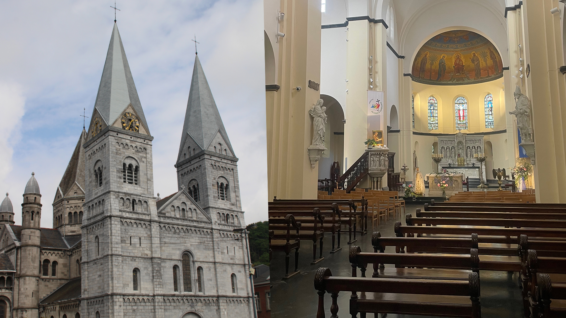 Saint Remaclus Church in Spa, exterior twin towers and serene Roman Catholic interior in the historic city center of Spa, Belgium