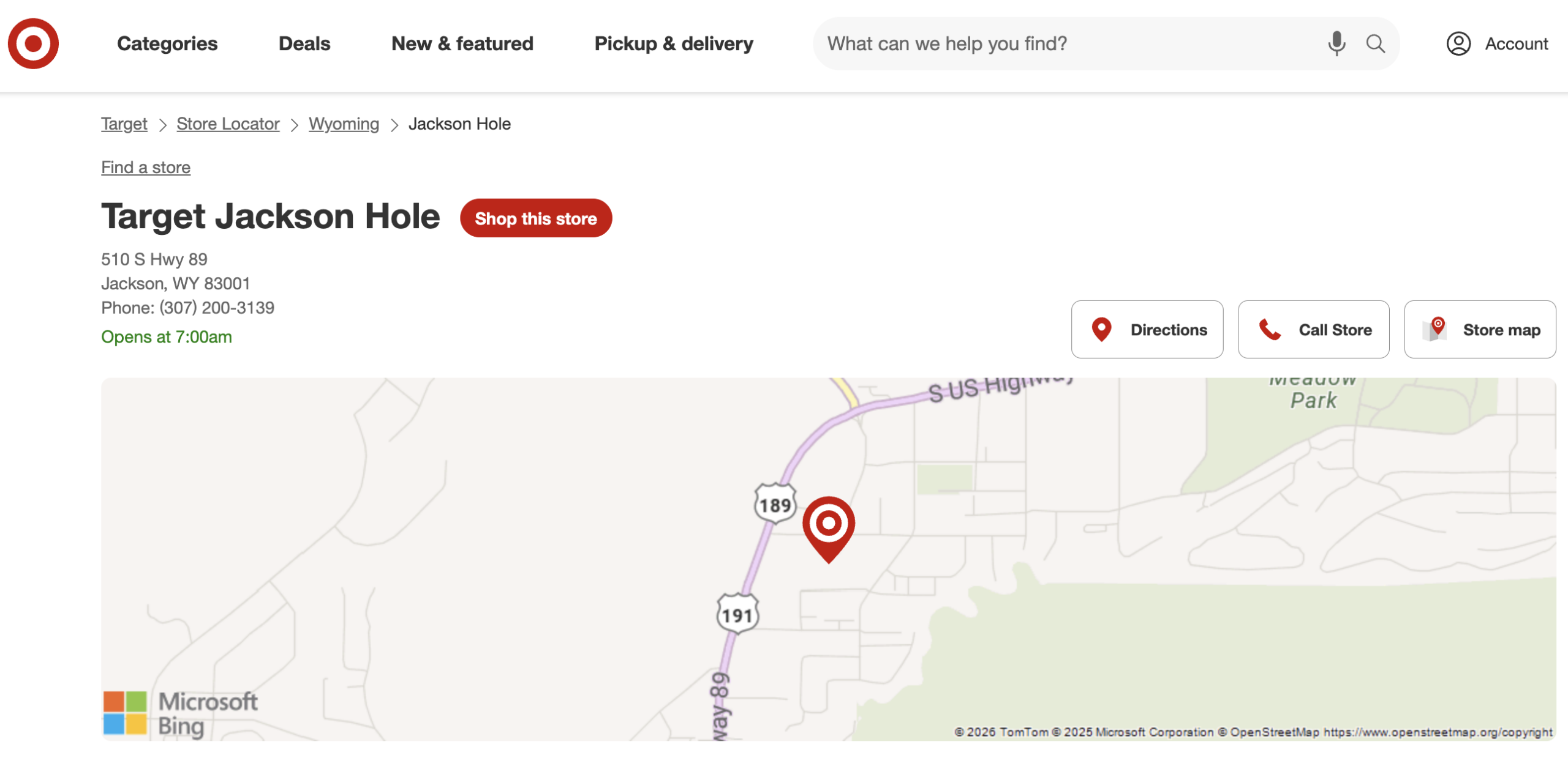 Target Jackson Hole Wyoming store locator page showing address on Highway 89, opening hours and map location near Yellowstone National Park