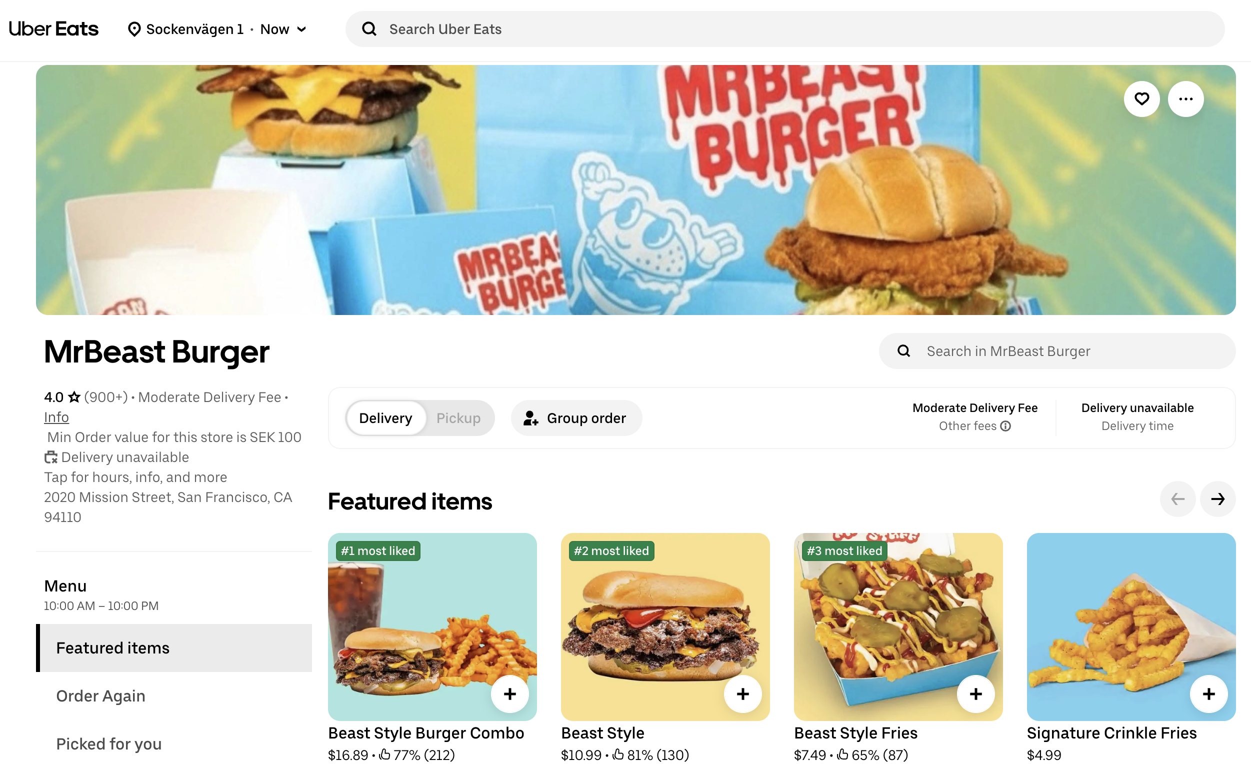 Uber Eats offering MrBeast Burger San Francisco on their website, with the menu and information about the restaurant