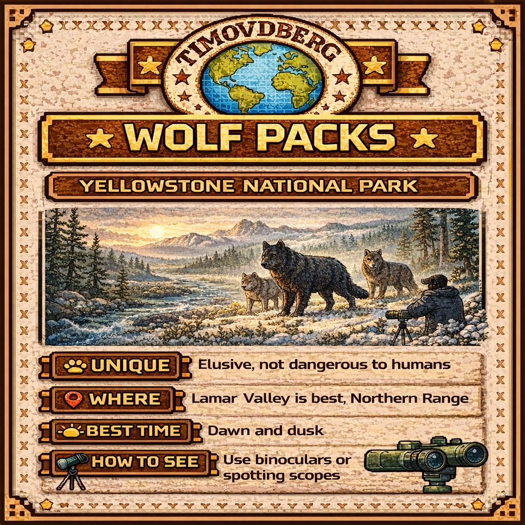 8-bit wildlife infographic of wolf packs in Yellowstone National Park, explaining where to see wolves in Lamar Valley, best times at dawn and dusk, and how to use binoculars or spotting scopes