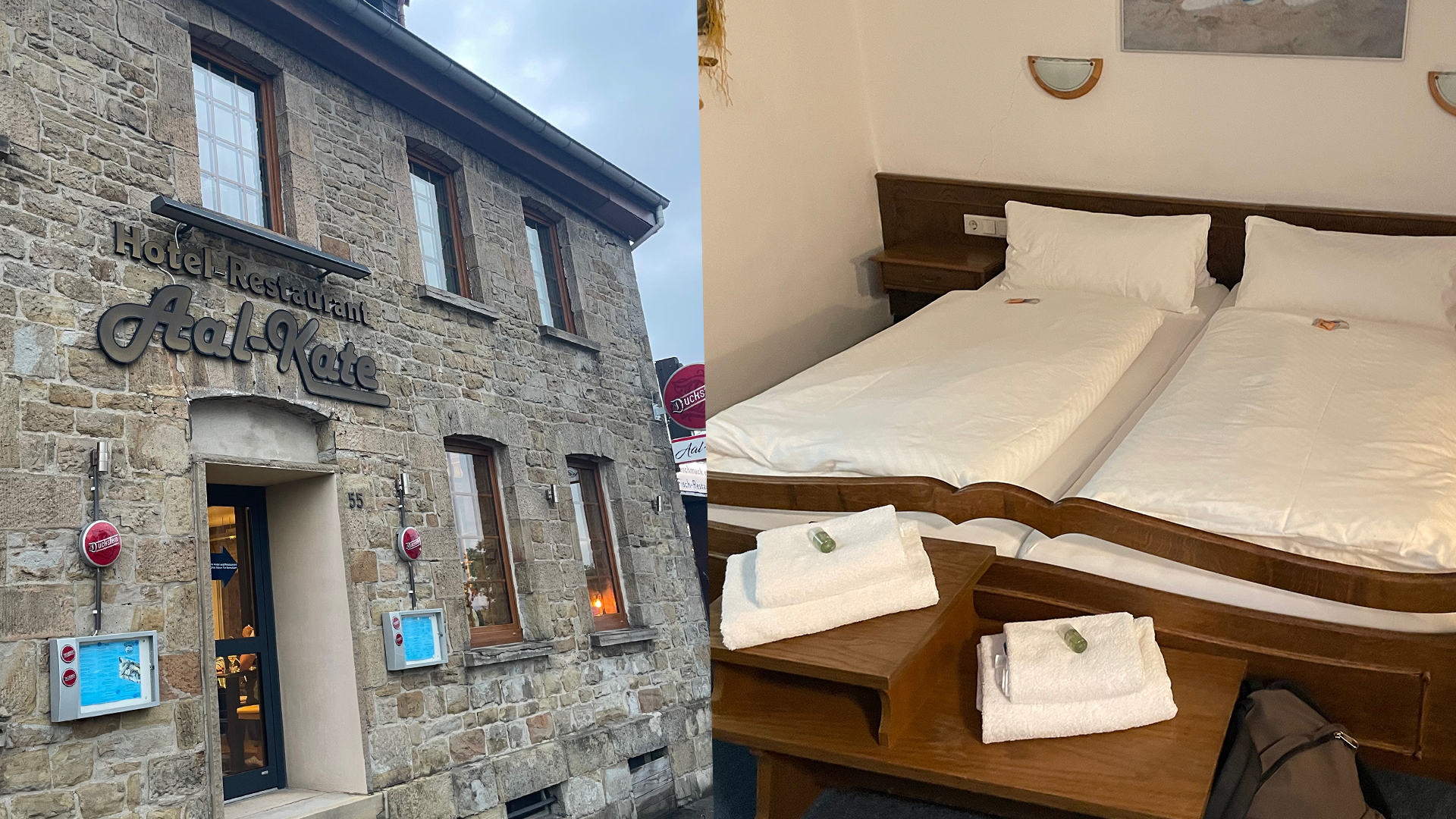 Hotel Aal-Kate Wuppertal exterior and classic double room with large beds, traditional stone building and authentic interior in Wuppertal Germany