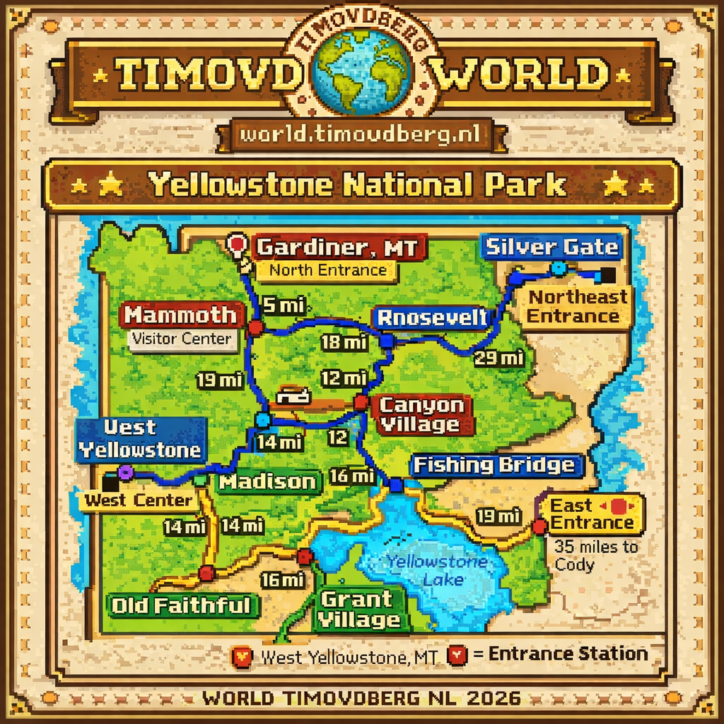 8 bit pixel art map of Yellowstone National Park showing all main park regions and entrances, including North Entrance Gardiner Montana, Old Faithful, Canyon Village, Mammoth Hot Springs, and Yellowstone Lake, designed in retro game style with Timovdberg World logo and world.timovdberg.nl branding.