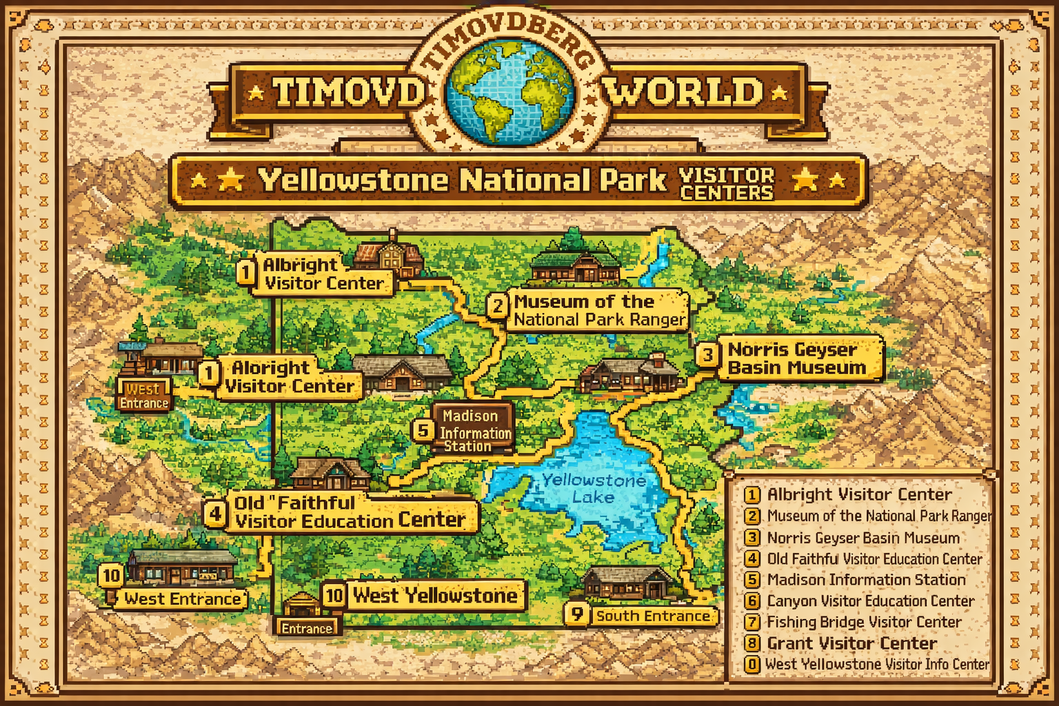 Retro 8 bit style map of Yellowstone National Park displaying visitor center locations, park entrances, Mammoth Hot Springs, Old Faithful area, Canyon Village, Yellowstone Lake, and surrounding regions, created for Timovdberg World.