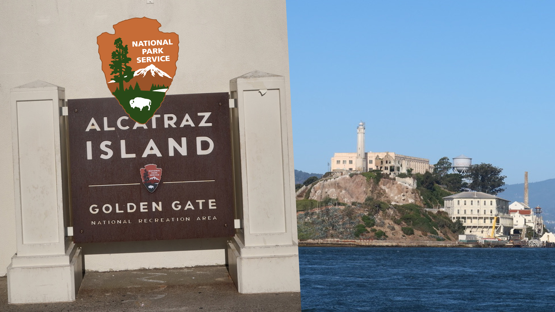 Alcatraz Island in San Francisco Bay, National Park Service sign and panoramic view of the former prison island with lighthouse and historic buildings