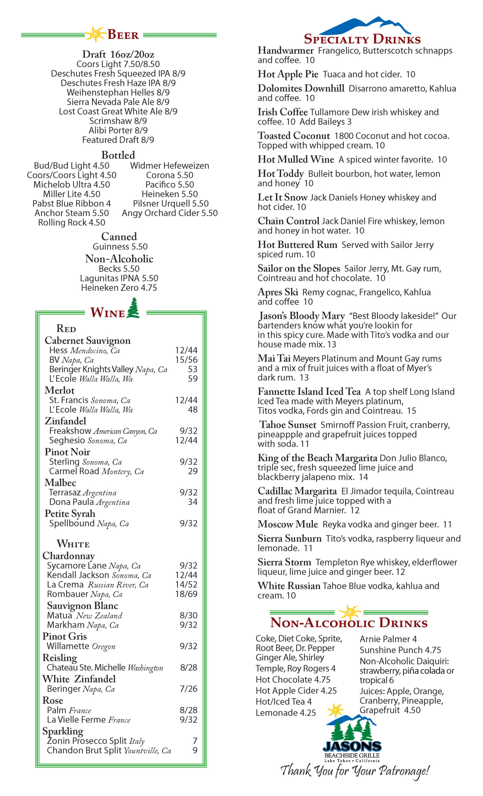 Drink menu at Jasons Beachside Grille Lake Tahoe showing draft beer, bottled beer, wine list, specialty cocktails, and non alcoholic drinks with prices in Kings Beach, California.