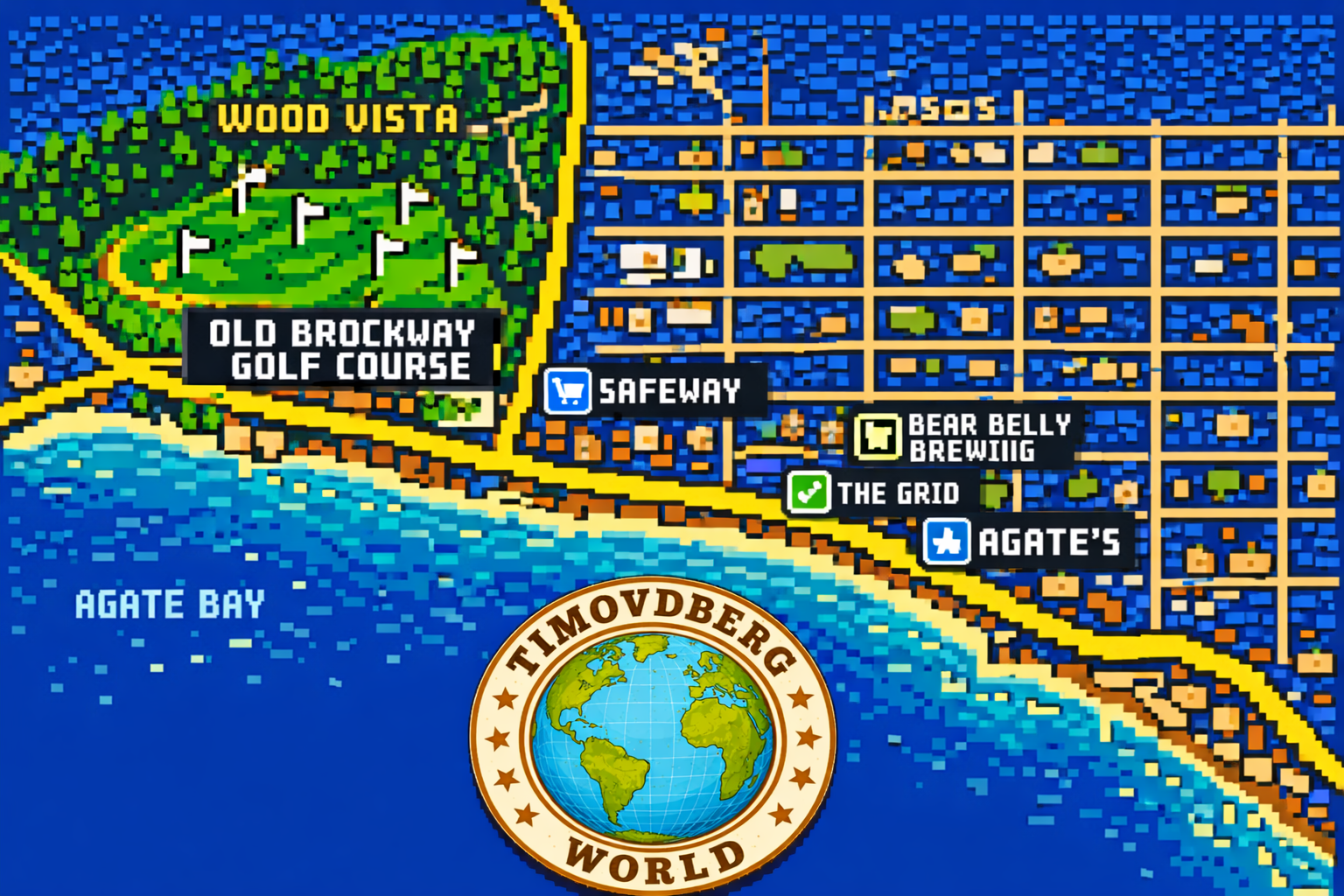 8 bit pixel art map of Kings Beach at Lake Tahoe highlighting Old Brockway Golf Course, nearby beaches, and local hotspots, created for TIMOVDBERG WORLD.