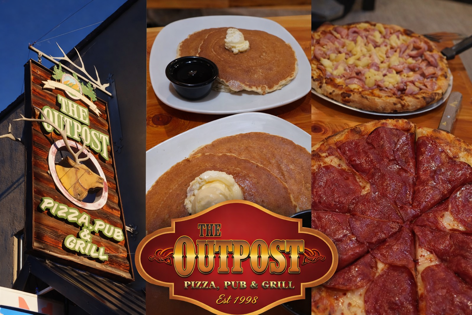 Outpost Pizza Pub & Grill John Day header image showing the rustic wooden restaurant sign with antlers, a plate of fluffy American pancakes with butter and syrup, two large classic pizzas, and the official Outpost Pizza Pub & Grill logo in the center.