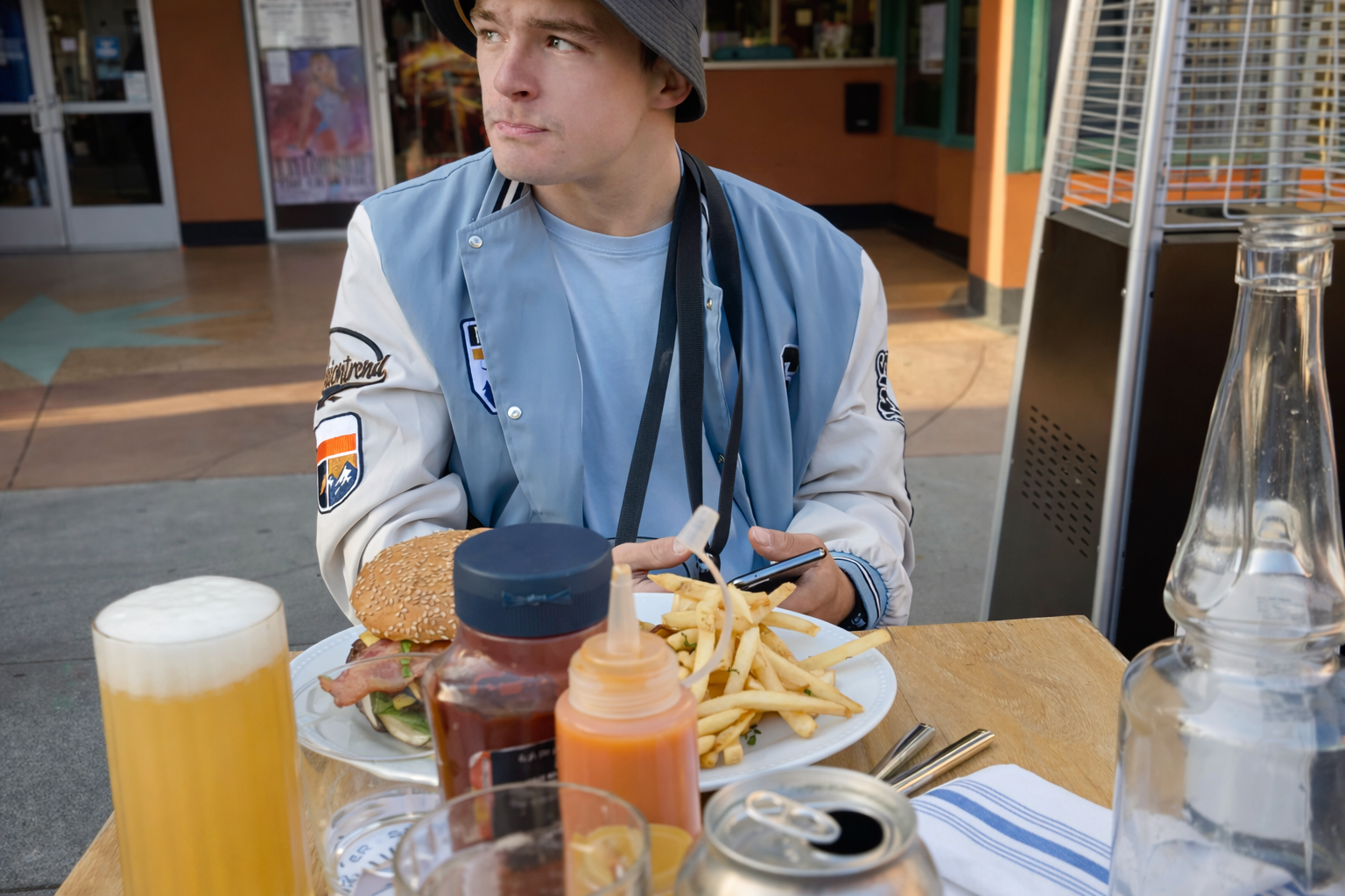 Peter Smit outdoor dining at Causwells San Francisco with burger, fries and hazy IPA, capturing the relaxed Marina District atmosphere